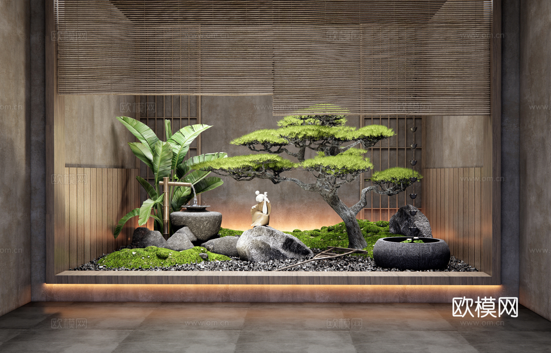 日式室内景观 水钵水景 苔藓景观 松树植物造景 庭院小品3d模型