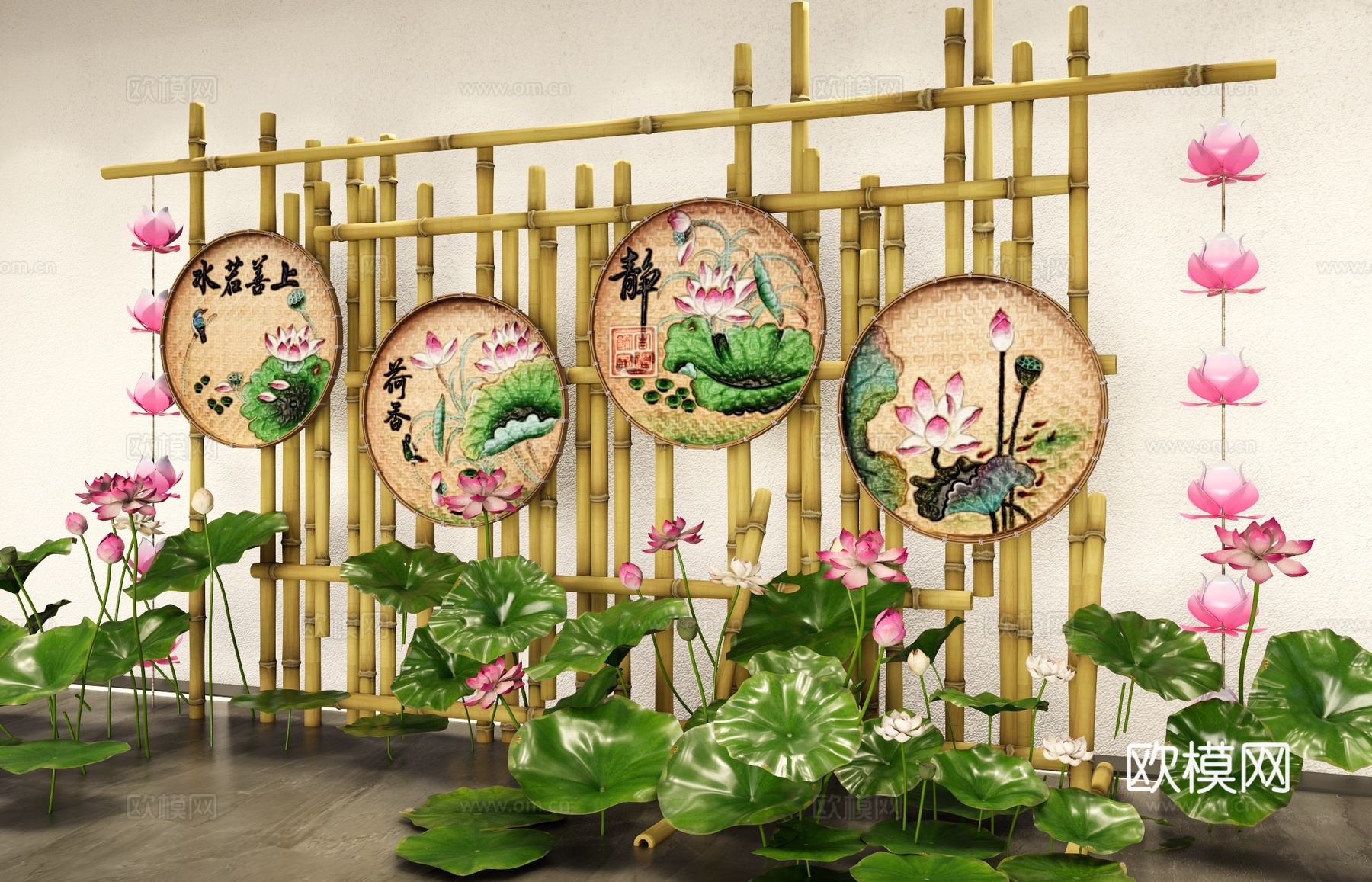 荷花主题艺术美陈 竹编簸箕装饰画 乡村民俗文化美陈 端午节装su模型