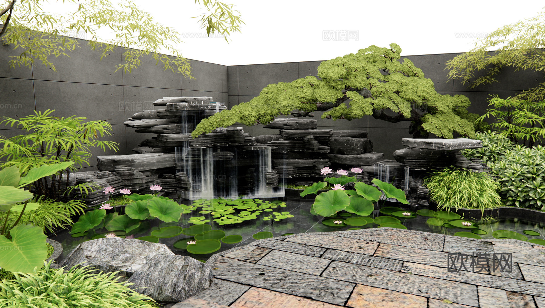 中式假山水景 假山鱼池 水景 荷花 老石板 园林铺地 灌木3d模型