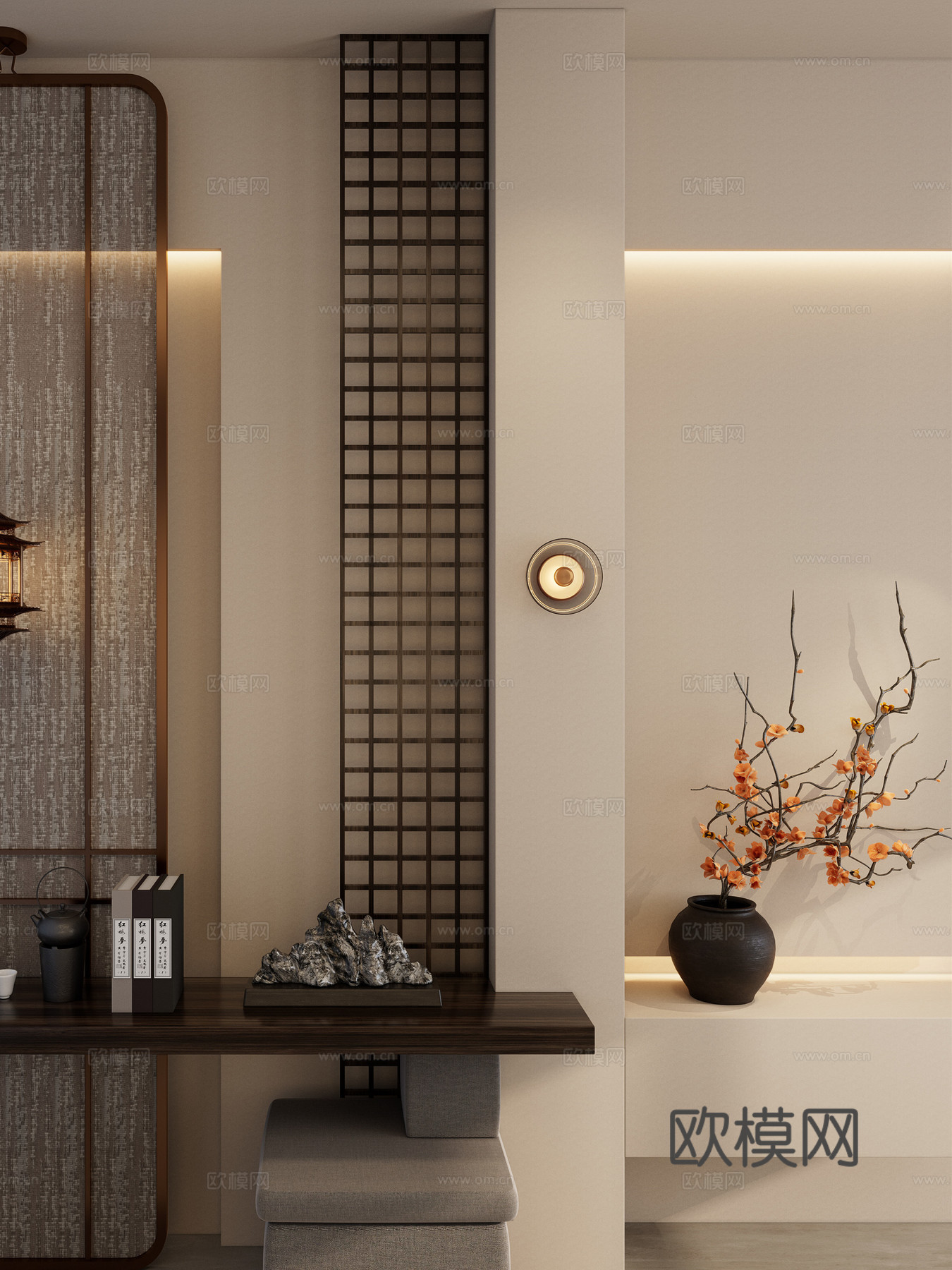 宋式 中古风 屏风 实木隔断 端景 宫灯 玄关3d模型