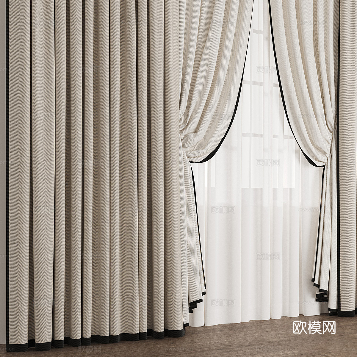 新中式布艺窗帘3d模型