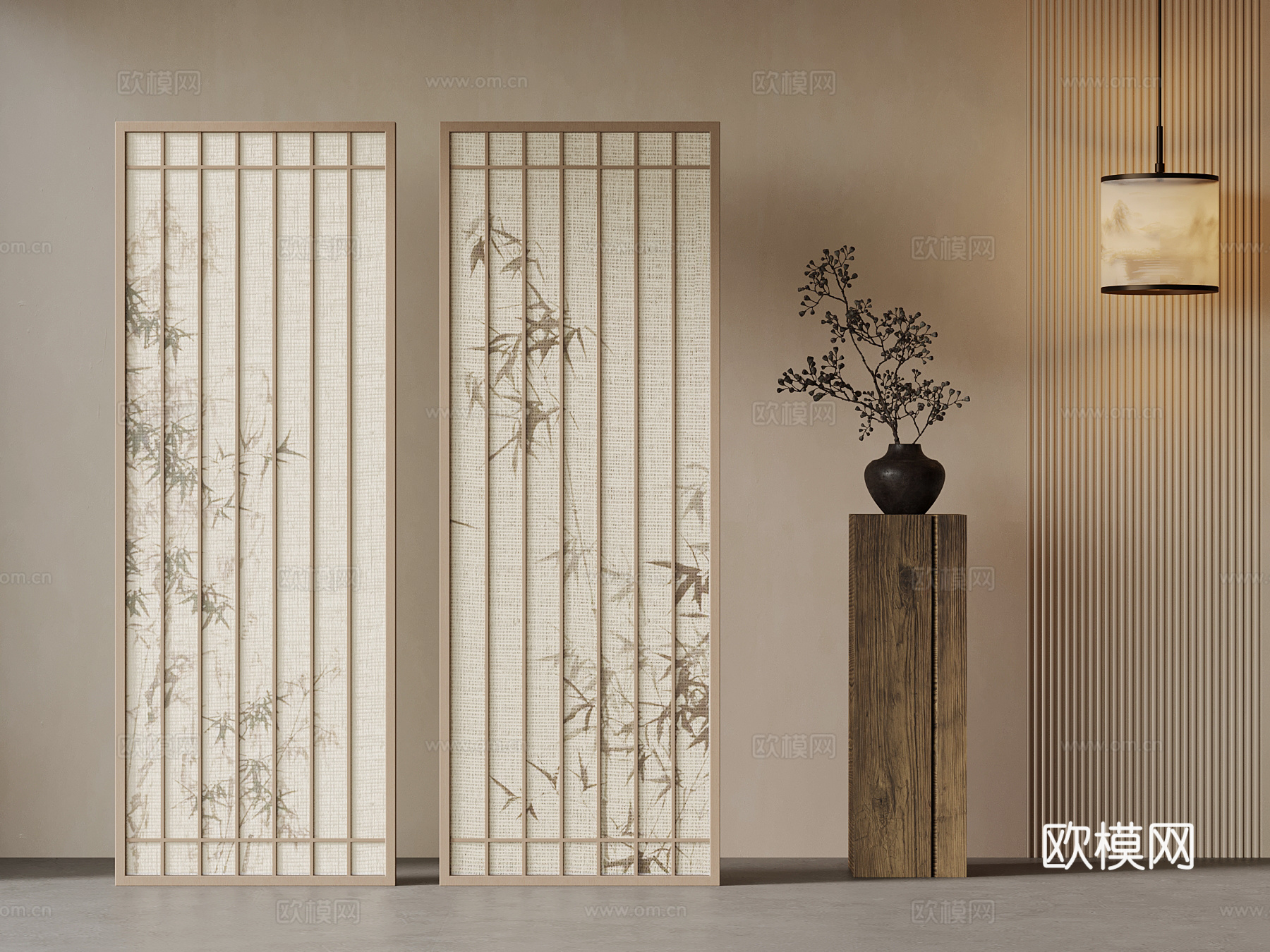 新中式屏风 花瓶 吊灯3d模型