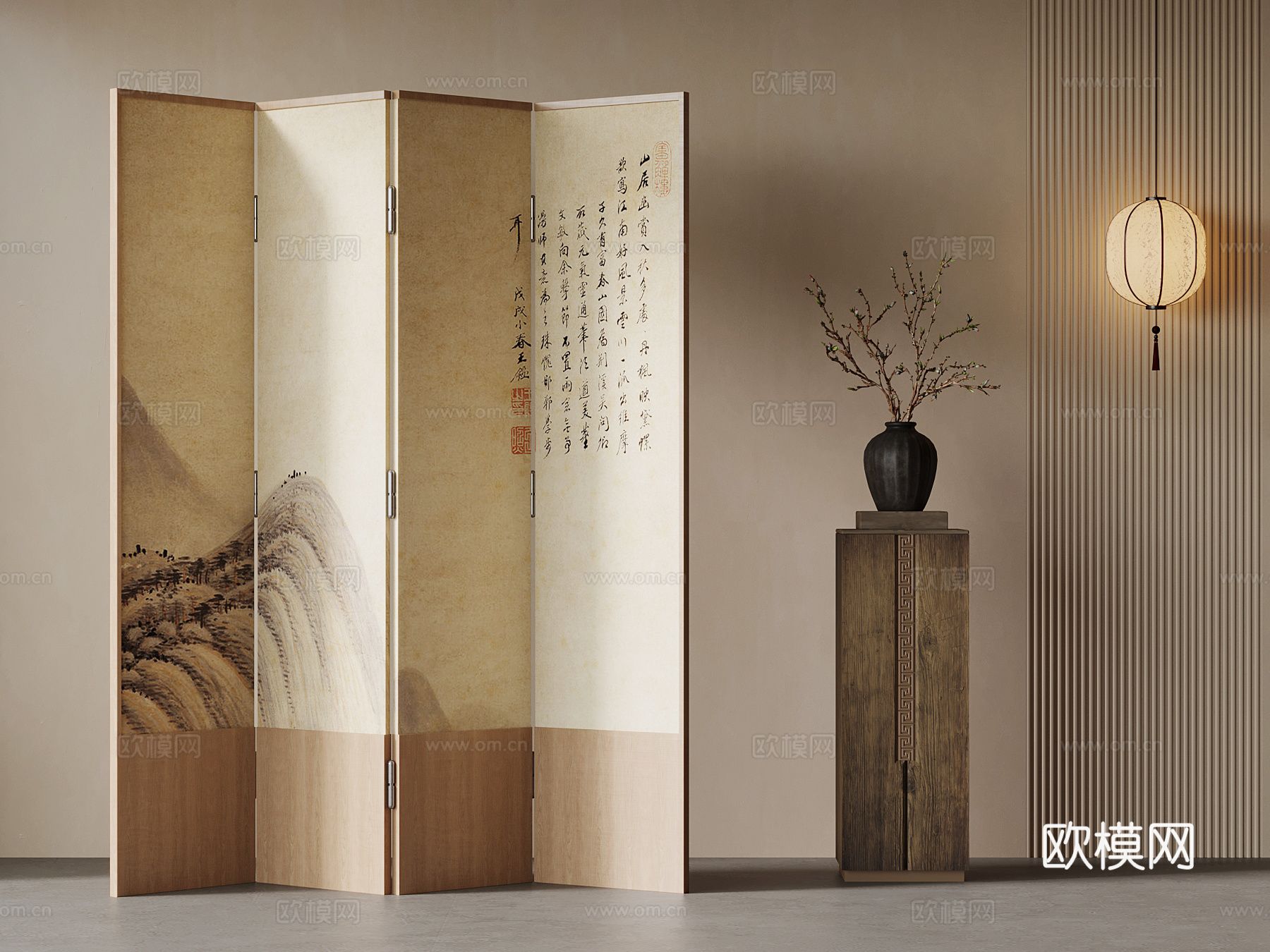 新中式屏风 花瓶 吊灯su模型