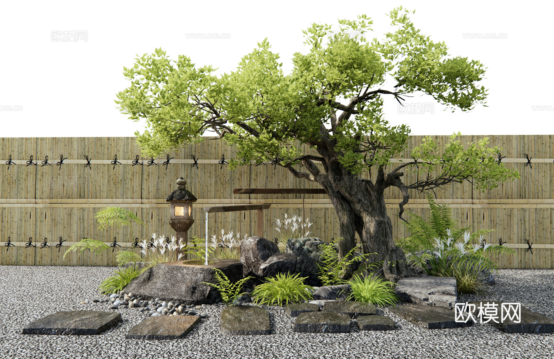 日式庭院小品 景观树 水景 流水水钵 石臼水景 景观石头3d模型