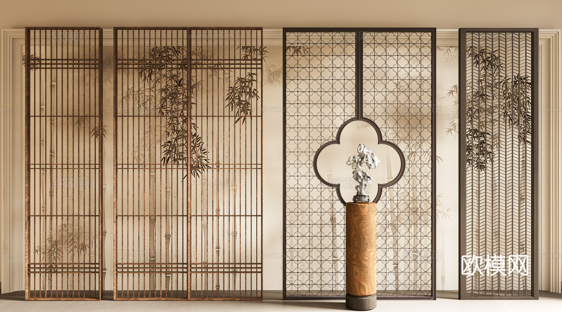 新中式屏风隔断  隔断 实木格栅 玄关屏风隔断 屏风 新中式su模型