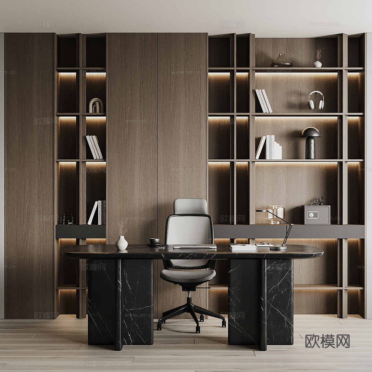 现代意式轻奢装饰书柜 书桌椅3d模型