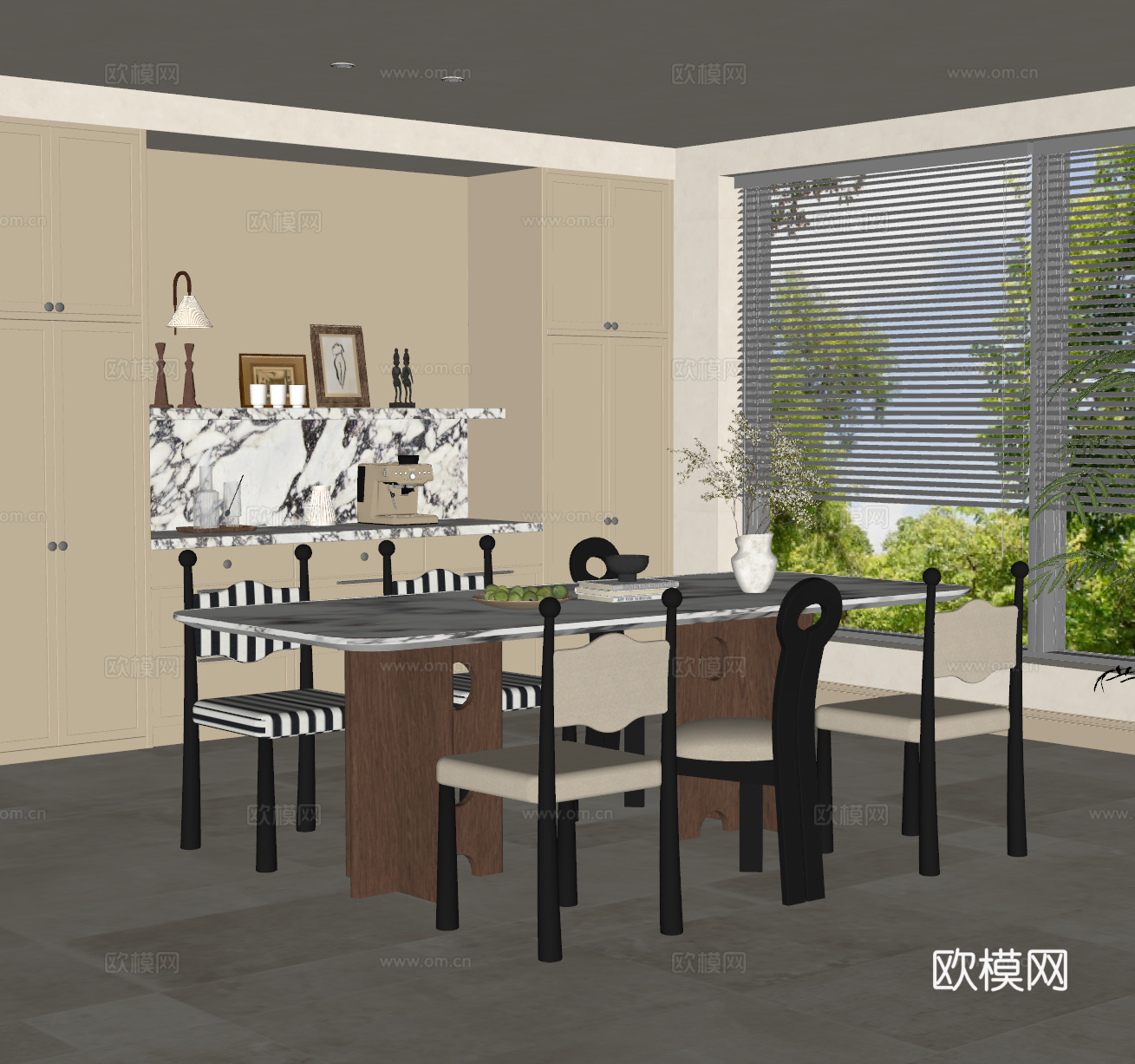 法式中古风餐桌椅组合 实木餐桌 木质餐椅 长餐桌 中古风餐厅su模型
