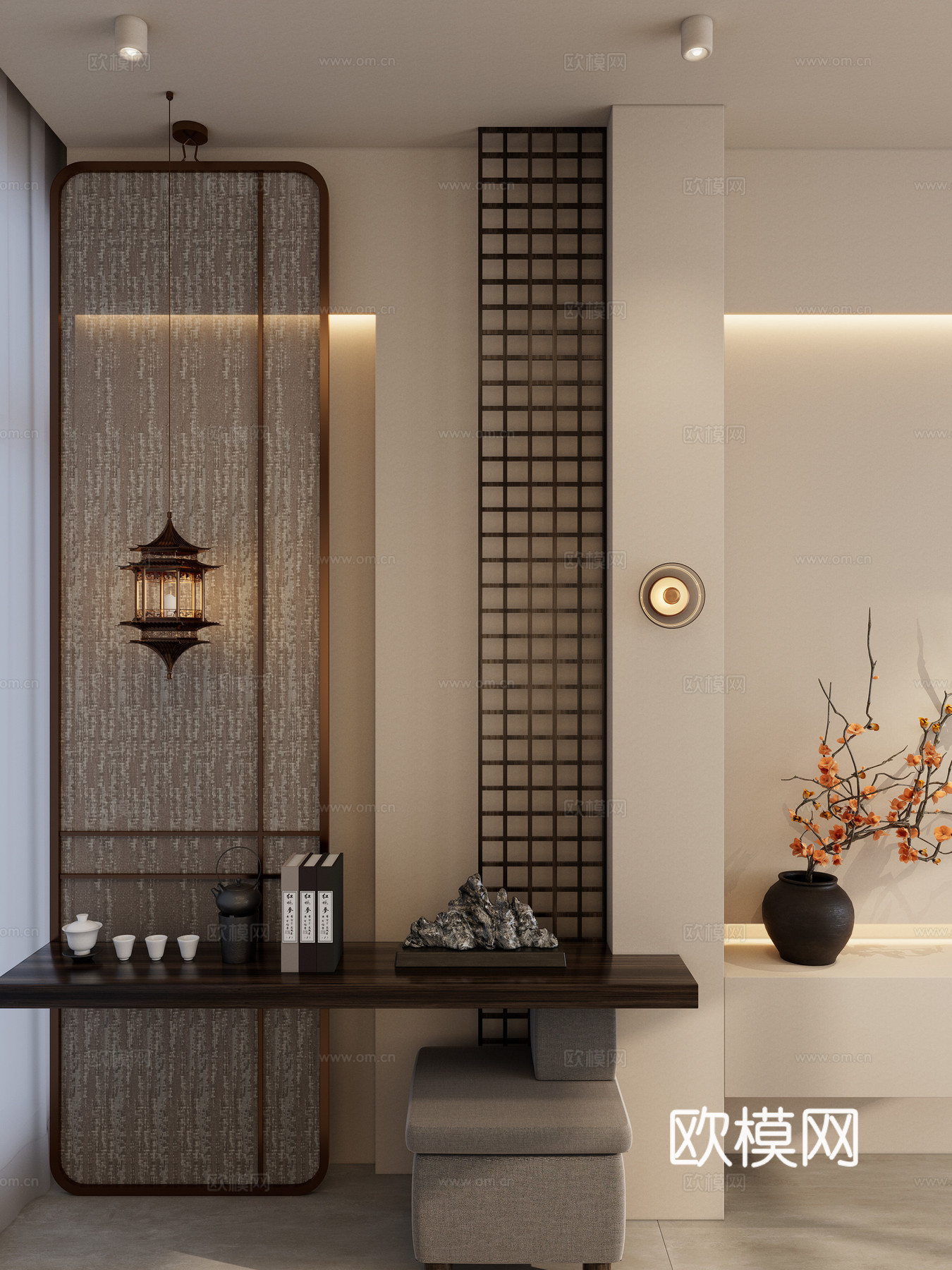 宋式 中古风 屏风 实木隔断 端景 宫灯 玄关3d模型