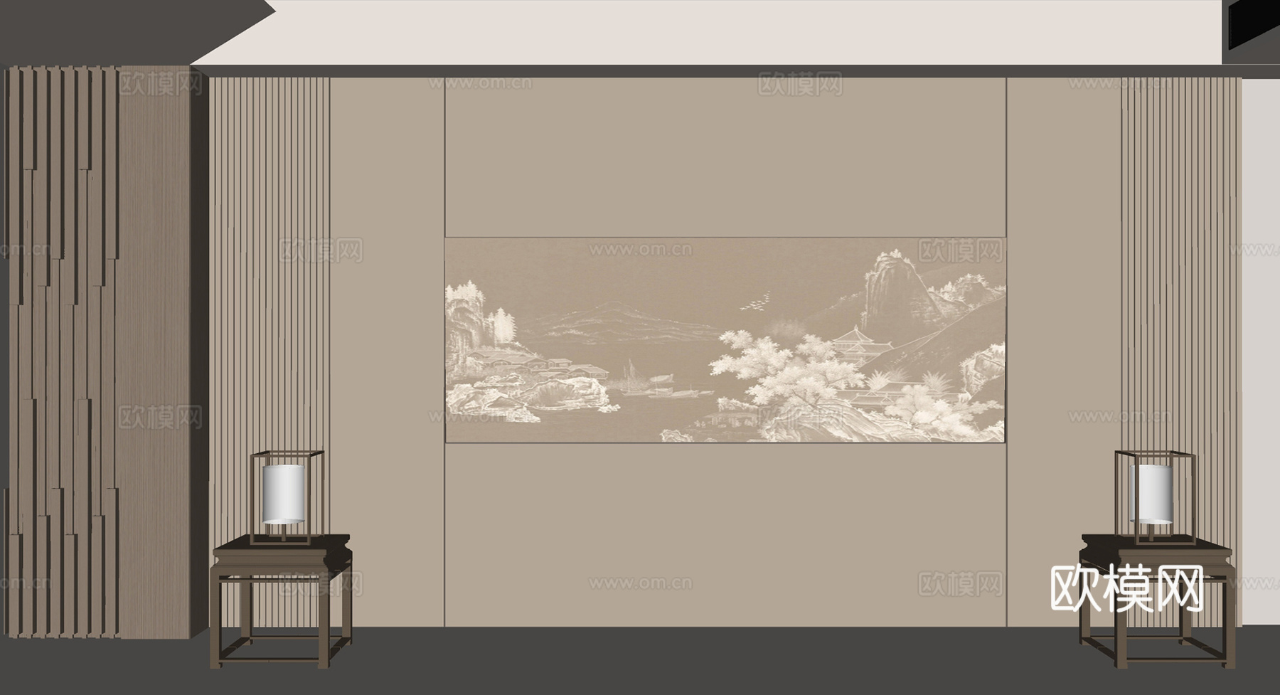新中式沙发背景墙 格栅背景墙 装饰画背景墙su模型