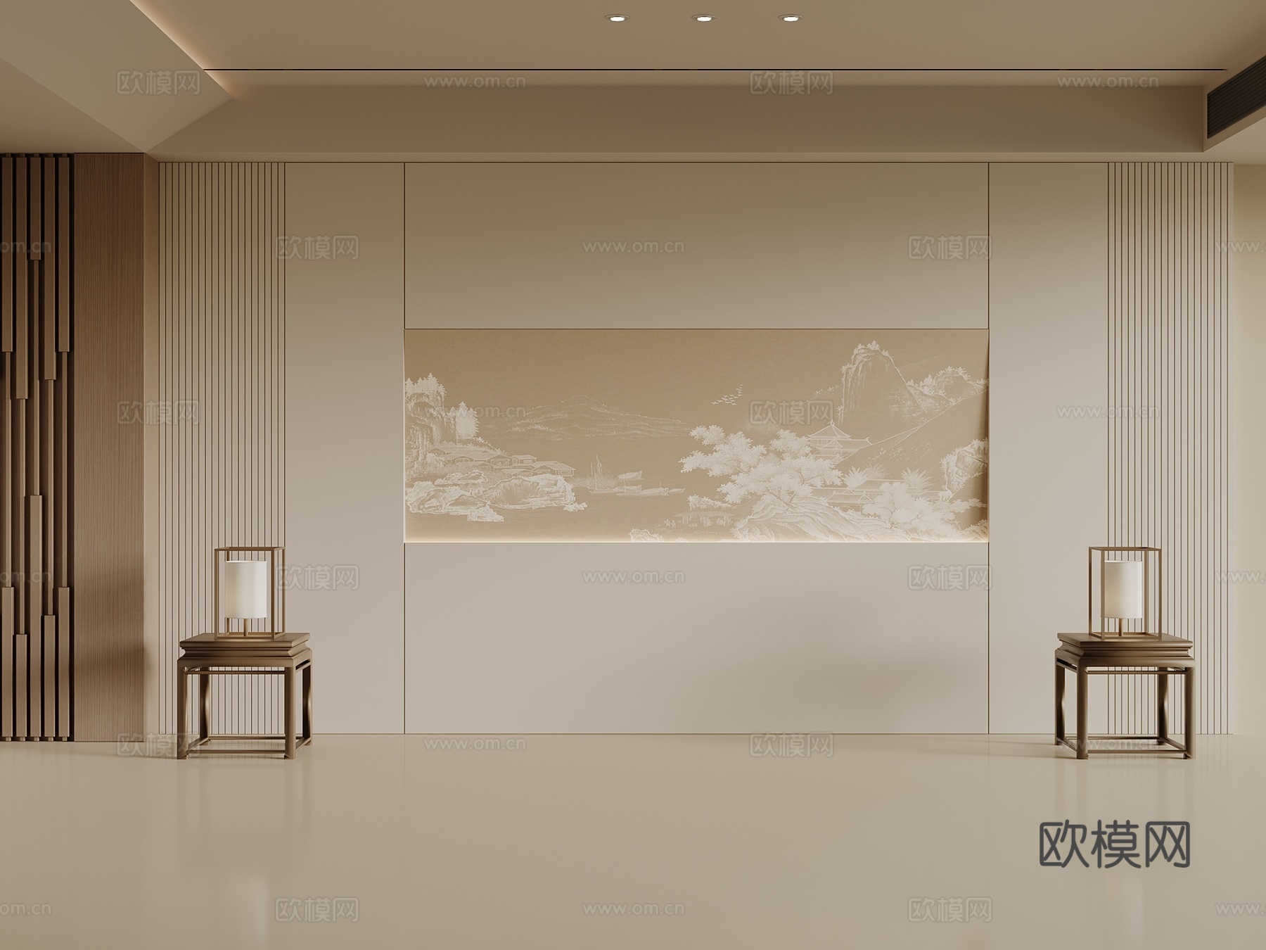 新中式沙发背景墙 格栅背景墙 装饰画背景墙su模型