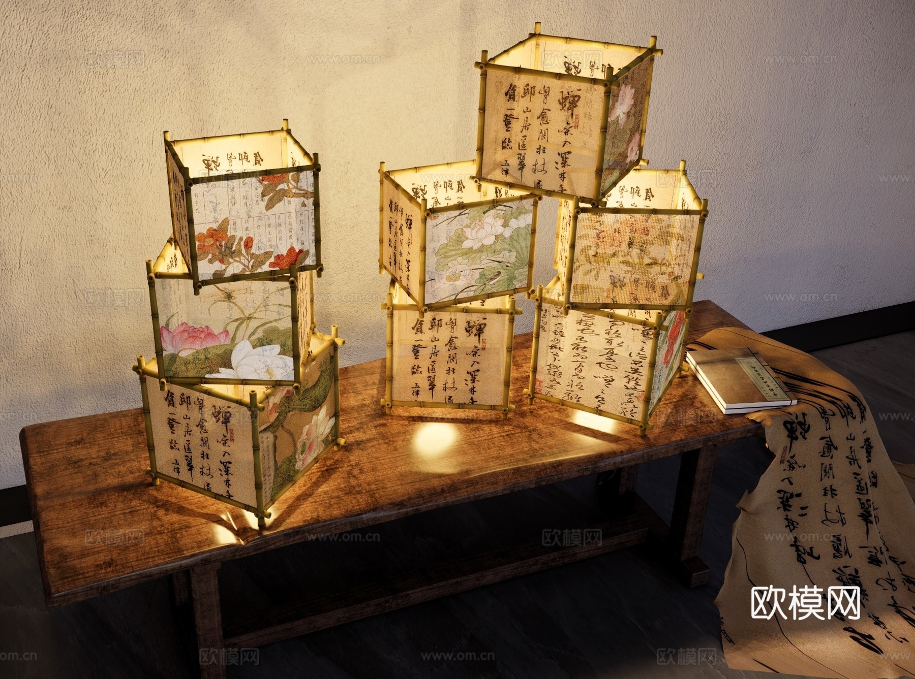 新中式灯具组合 国风书法灯笼 古风灯具美陈 中秋节氛围灯笼su模型