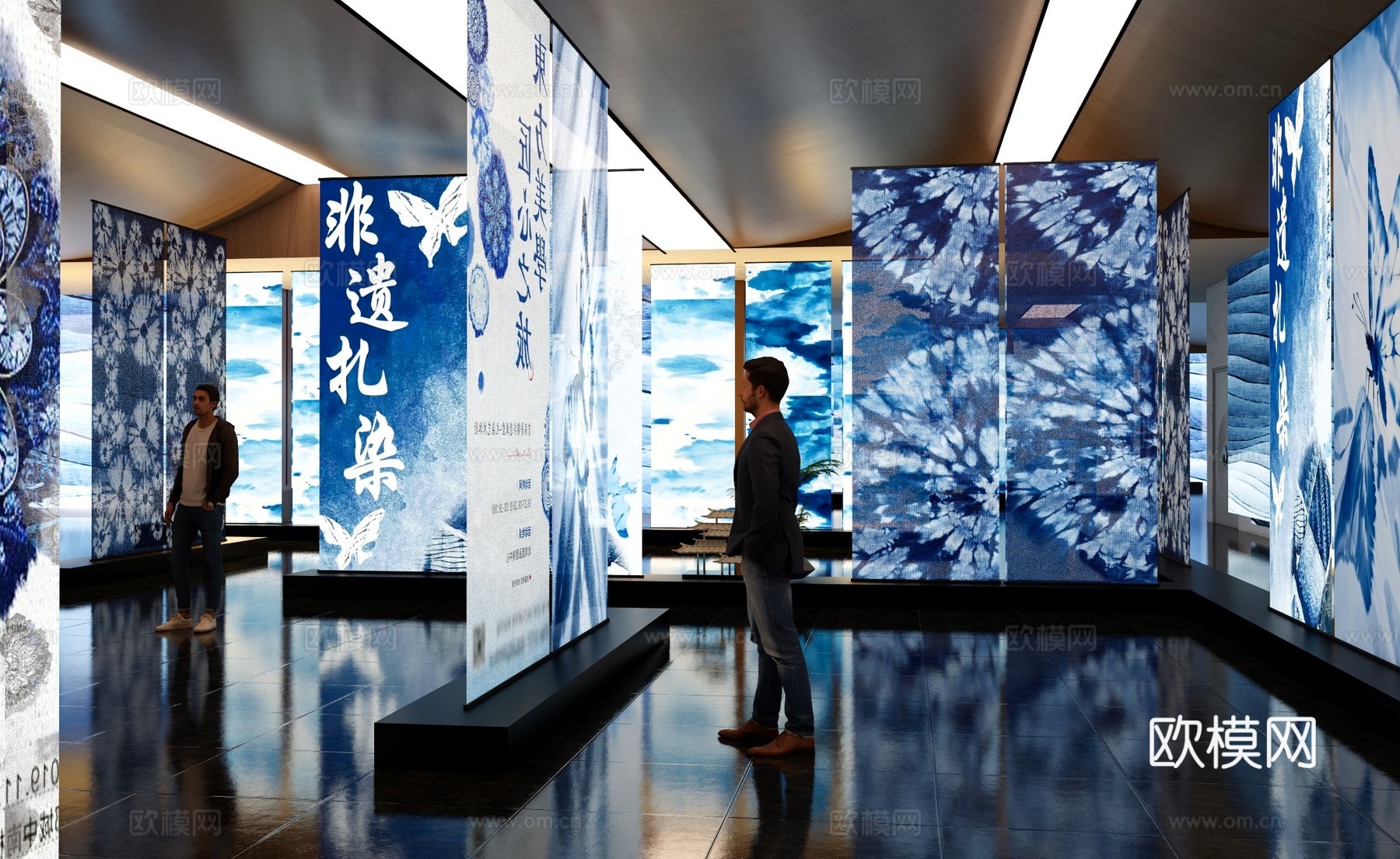 新中式非遗展厅 非遗文化扎染展厅 扎染展示空间 扎染艺术文化su模型