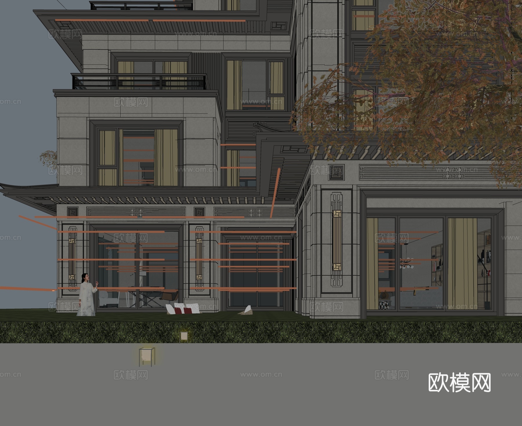 新中式别墅 独栋别墅 自建房 三层别墅su模型