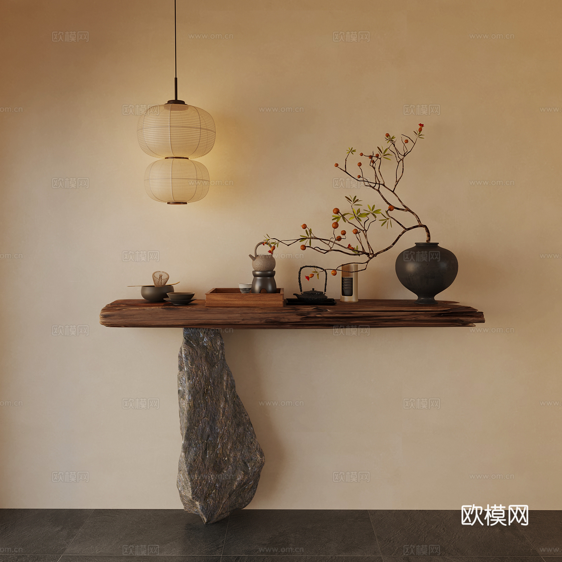 新中式端景台 吊灯 摆件su模型