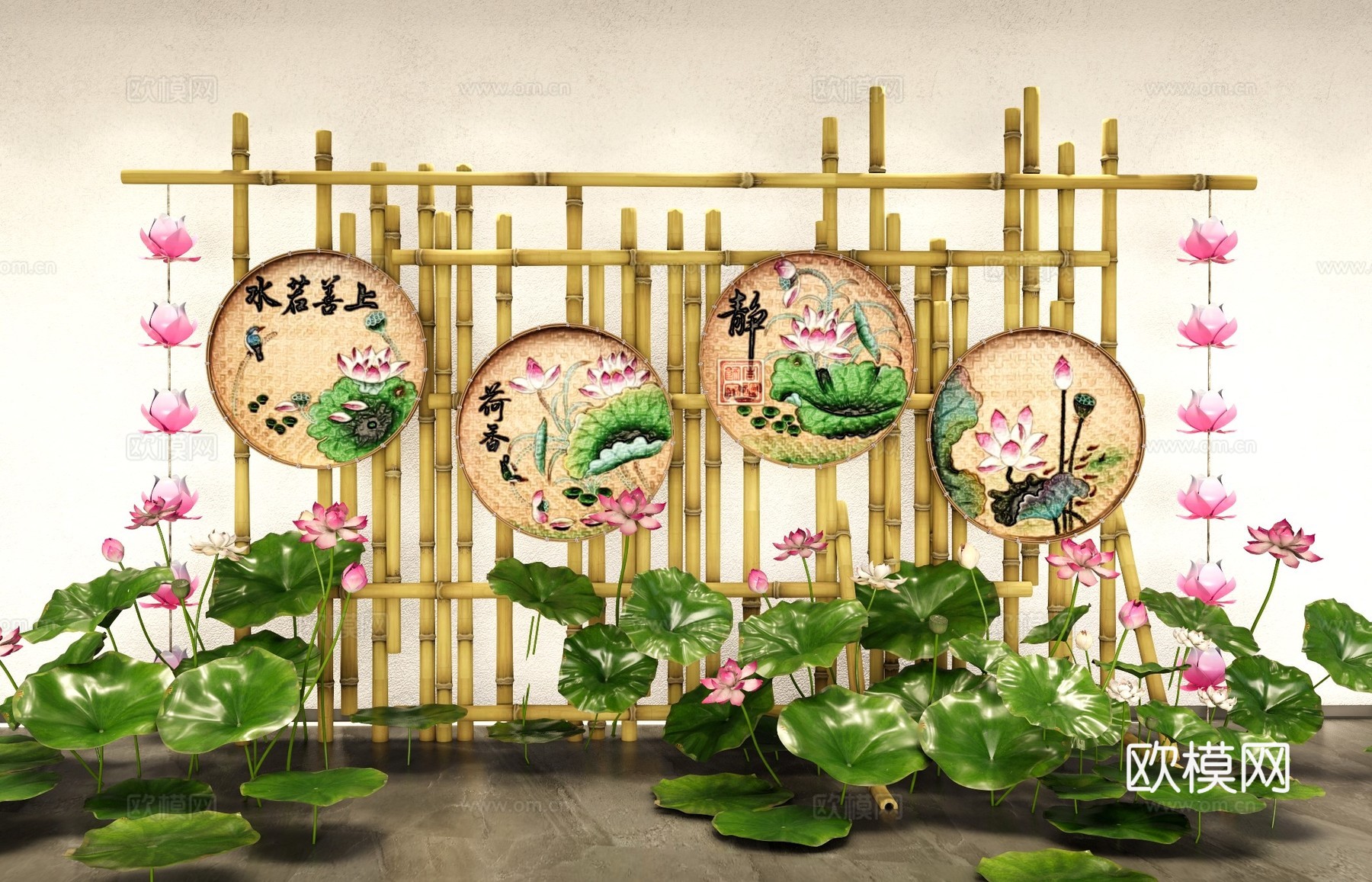荷花主题艺术美陈 竹编簸箕装饰画 乡村民俗文化美陈 端午节装su模型