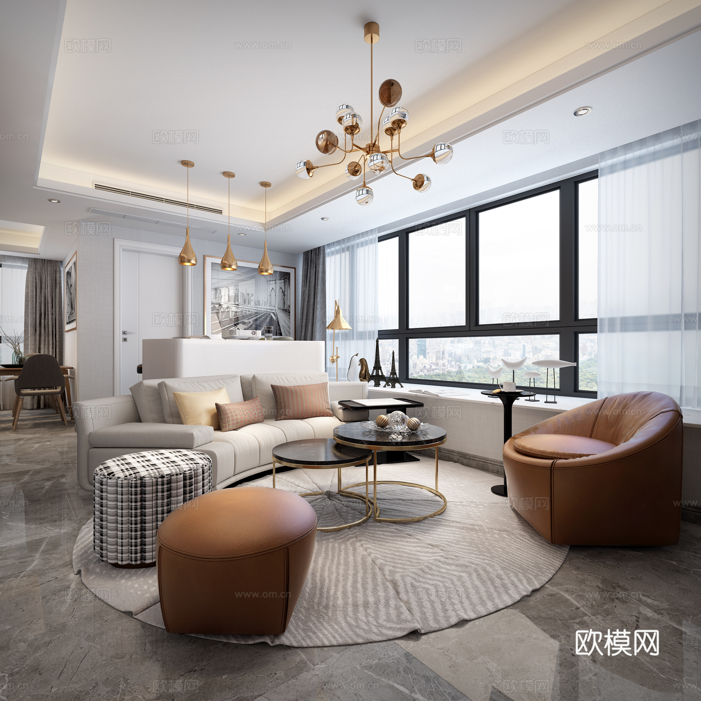 现代客餐厅 沙发茶几 餐桌椅 挂画 物件摆件 吊灯 墙饰品3d模型