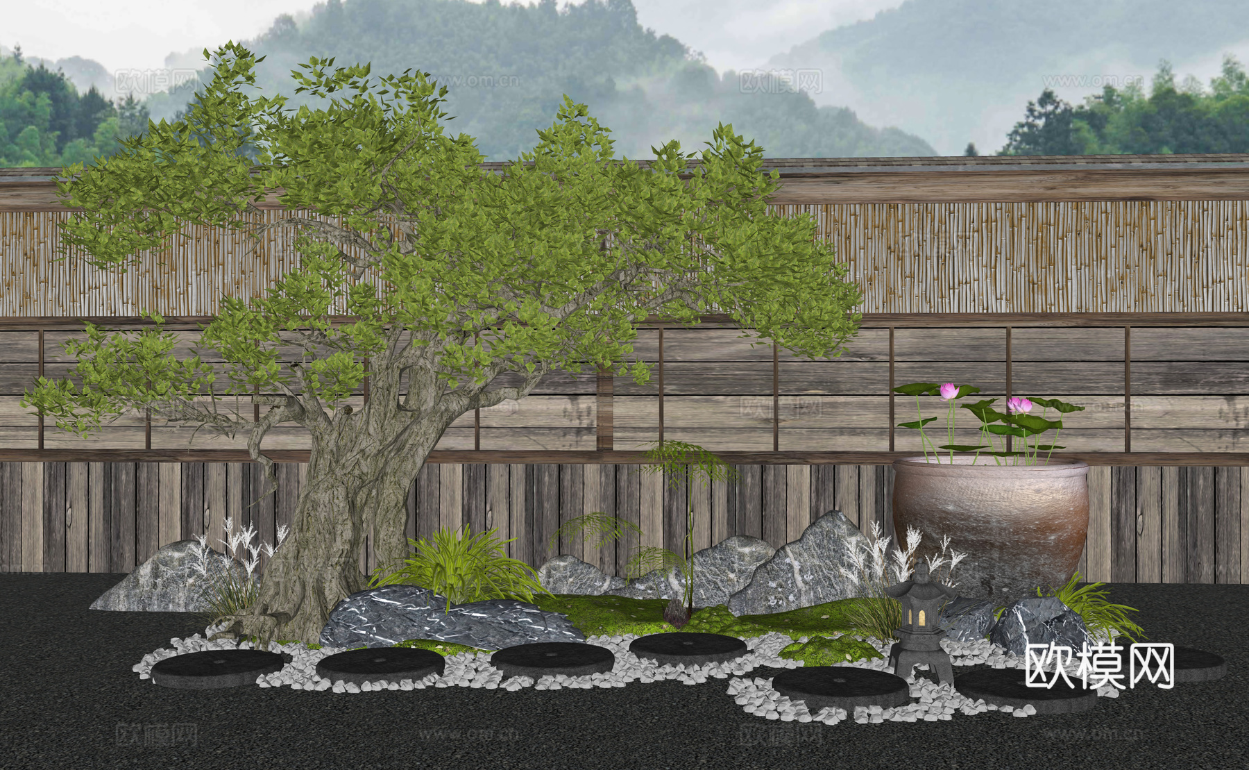 新中式庭院小品 汀步 苔藓景观 景观石 水缸 景观树 寿山石su模型
