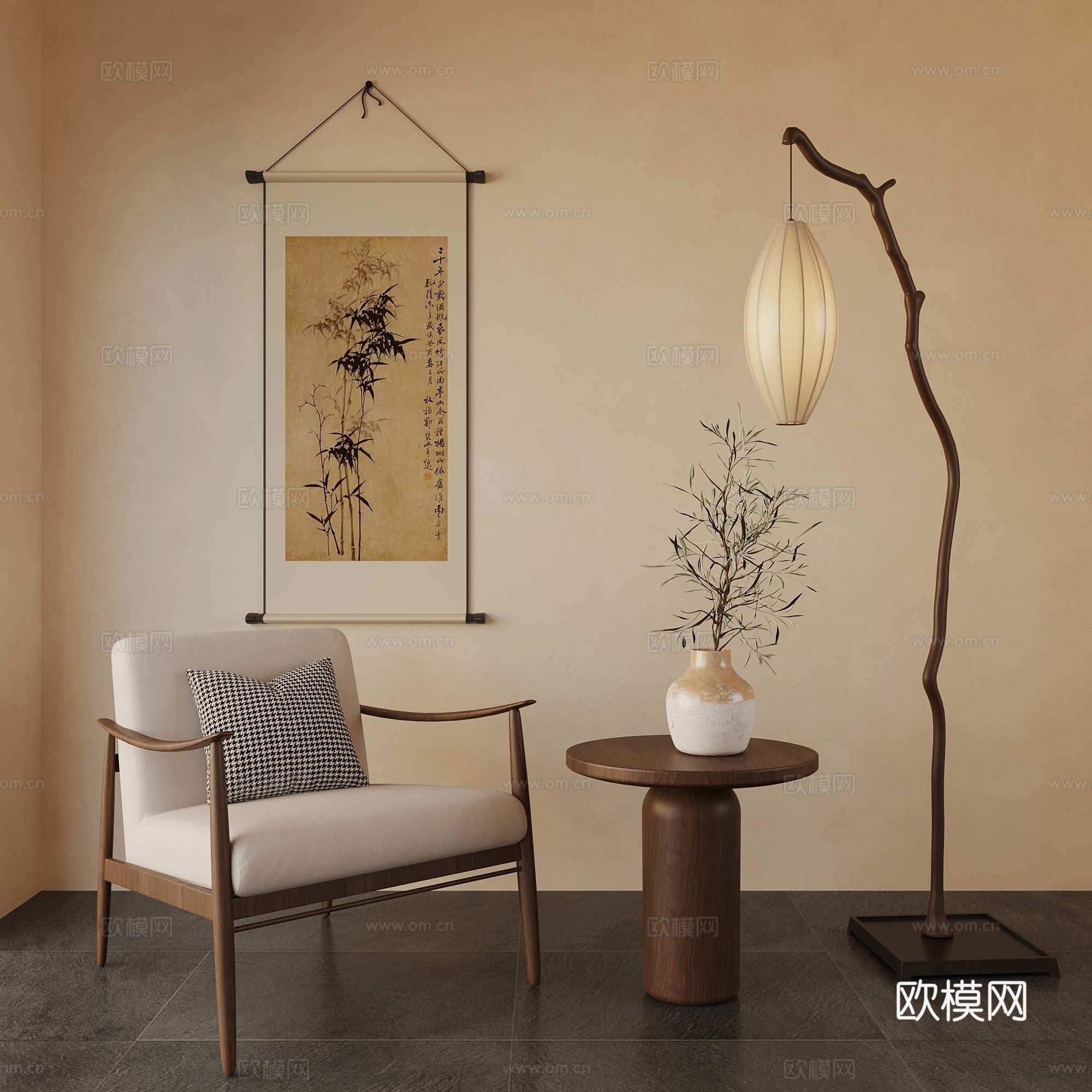 新中式休闲椅 落地灯 花瓶摆件3d模型