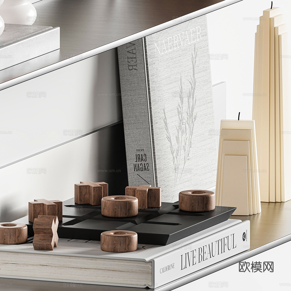 现代意式极简书柜饰品摆件组合3d模型