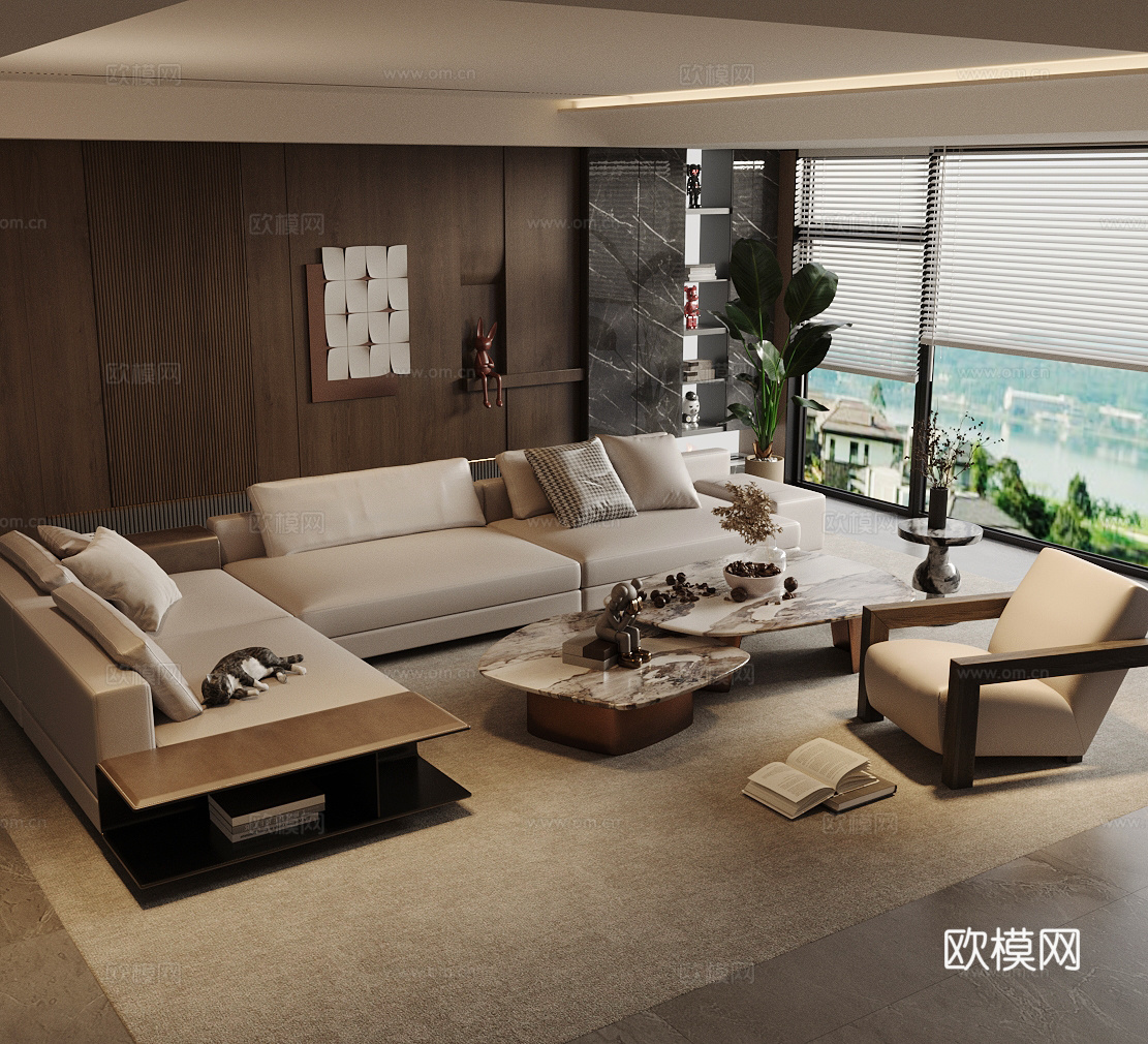 现代意式家居客厅 轻奢意式客厅 沙发茶几组合 高级灰客厅3d模型
