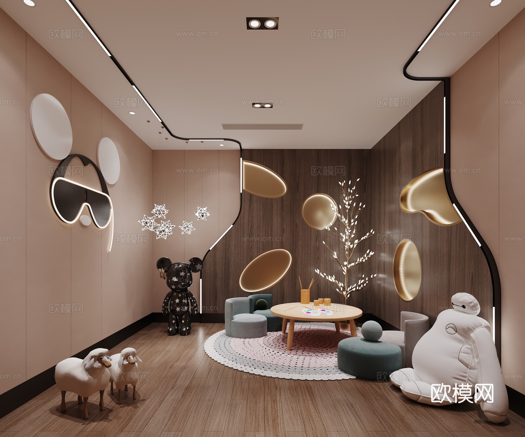 现代儿童娱乐室沙发玩具羊墙饰装饰树吊灯3d模型