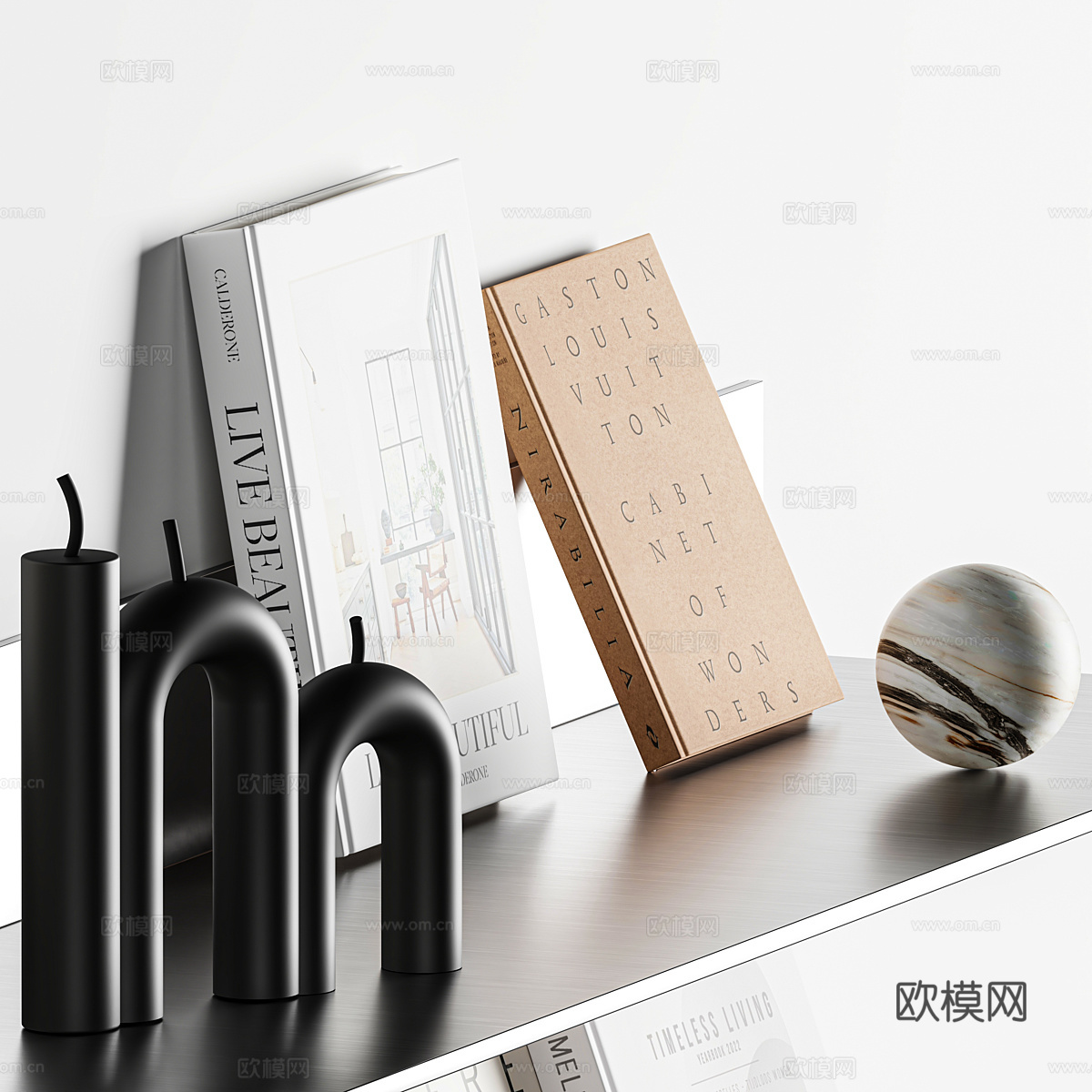 现代意式极简书柜饰品摆件组合3d模型