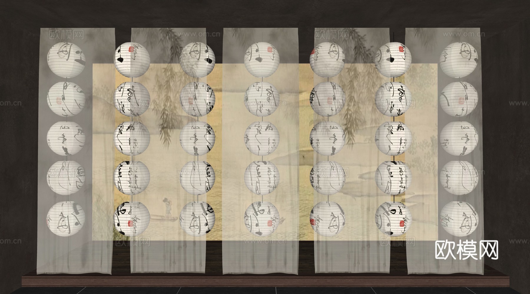新中式灯笼 古风灯笼纱帘隔断 禅意水墨画纱帘 中式装饰灯笼su模型