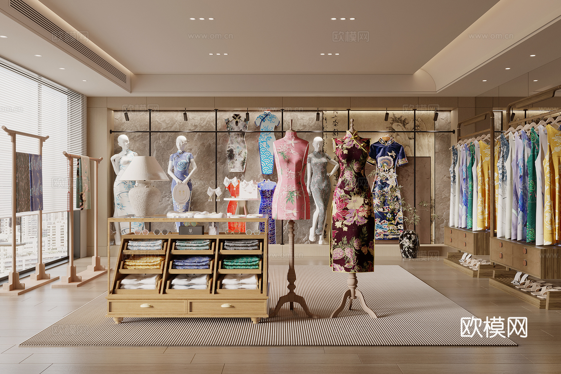 新中式服装店 旗袍店 丝绸 旗袍展厅su模型