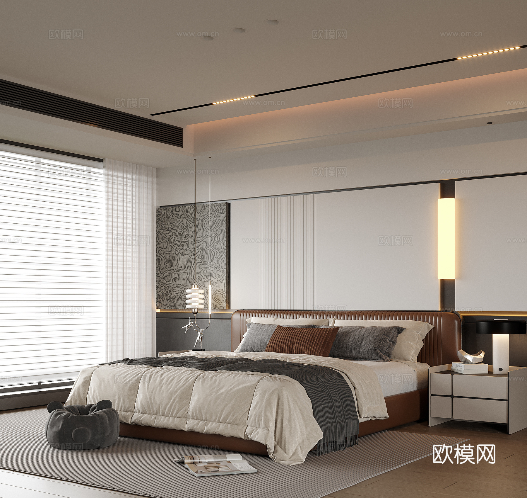 现代卧室 双人床 床头柜su模型