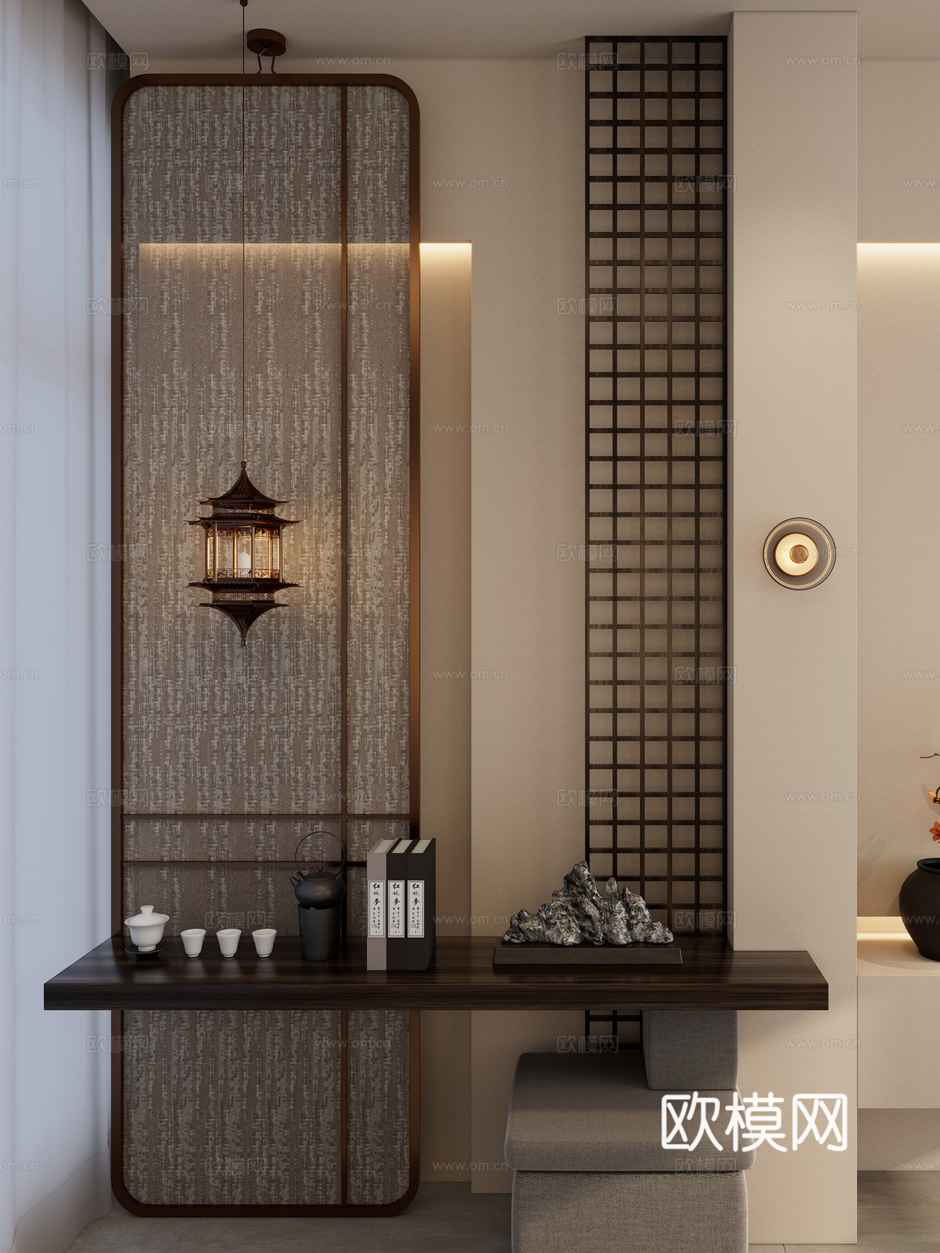 宋式 中古风 屏风 实木隔断 端景 宫灯 玄关3d模型