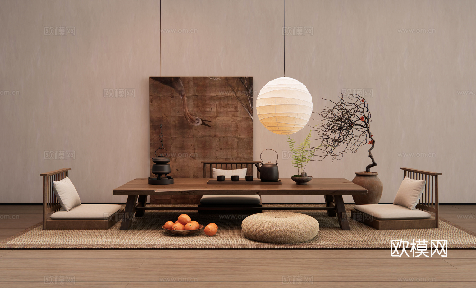 侘寂茶桌椅 榻榻米茶桌椅 茶台 吊灯 干枝花艺 挂画3d模型