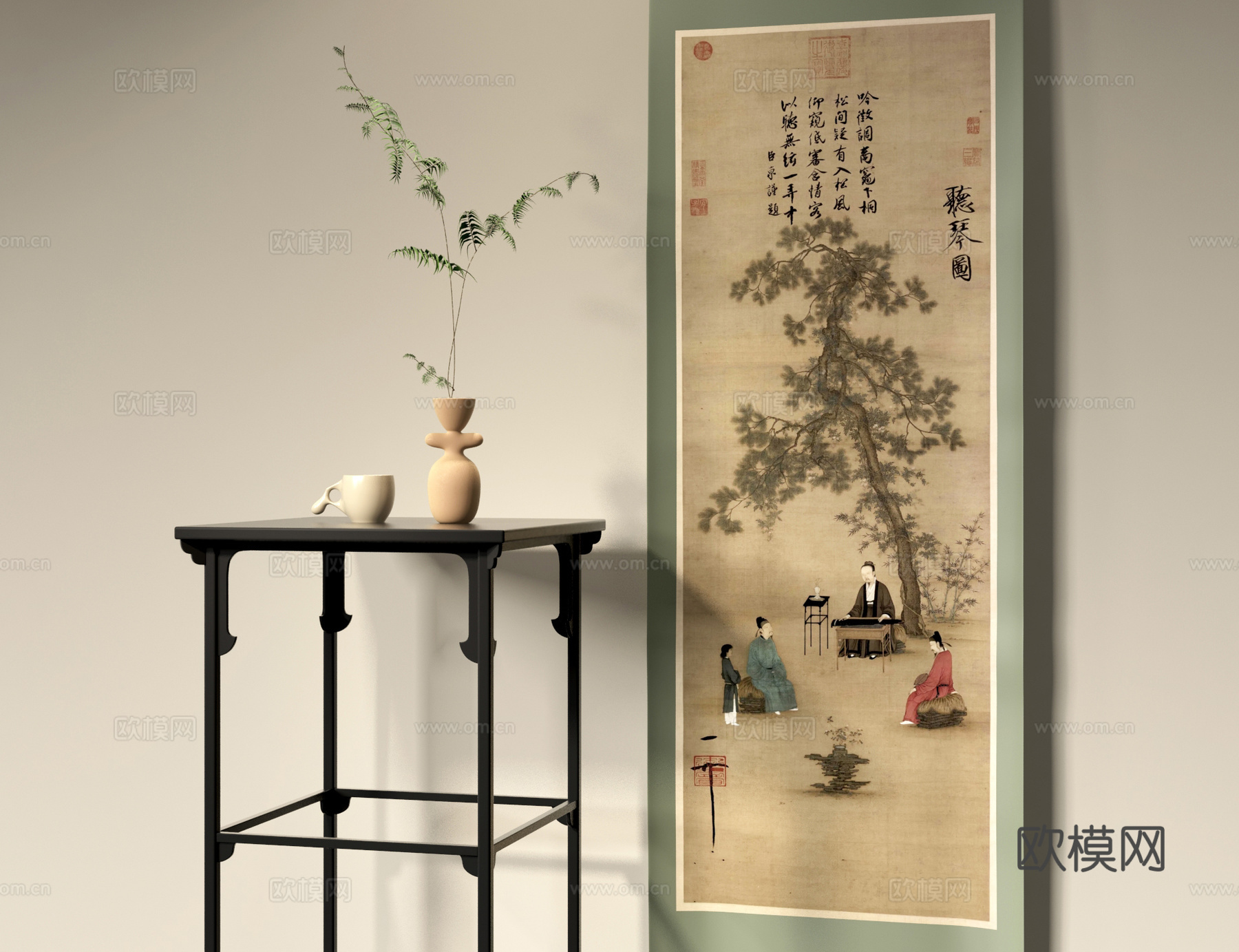 宋式花架 听琴图挂画 插花3d模型