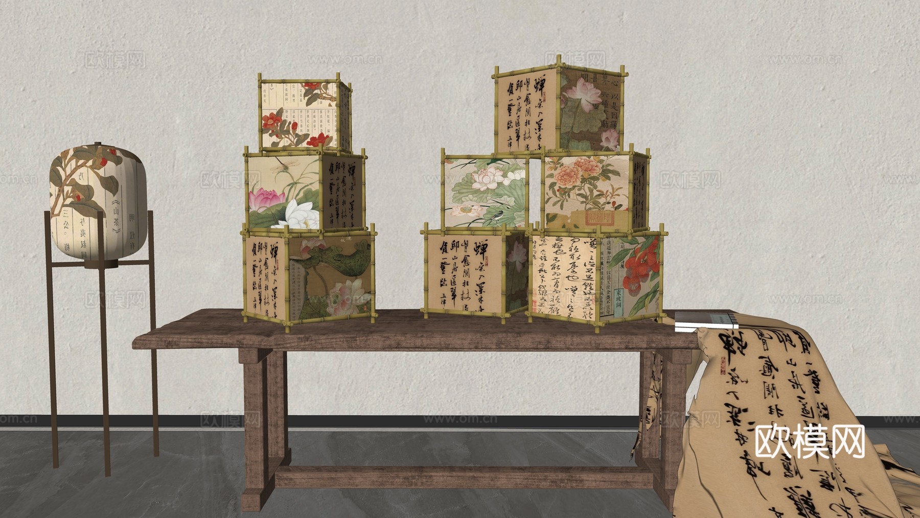 新中式灯具组合 国风书法灯笼 古风灯具美陈 中秋节氛围灯笼su模型