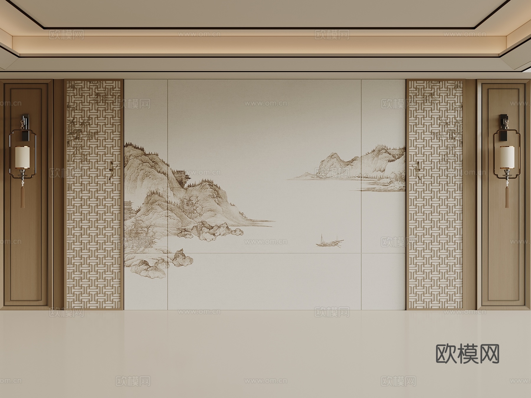 新中式沙发背景墙 木制背景墙 装饰画墙板 格栅背景墙su模型
