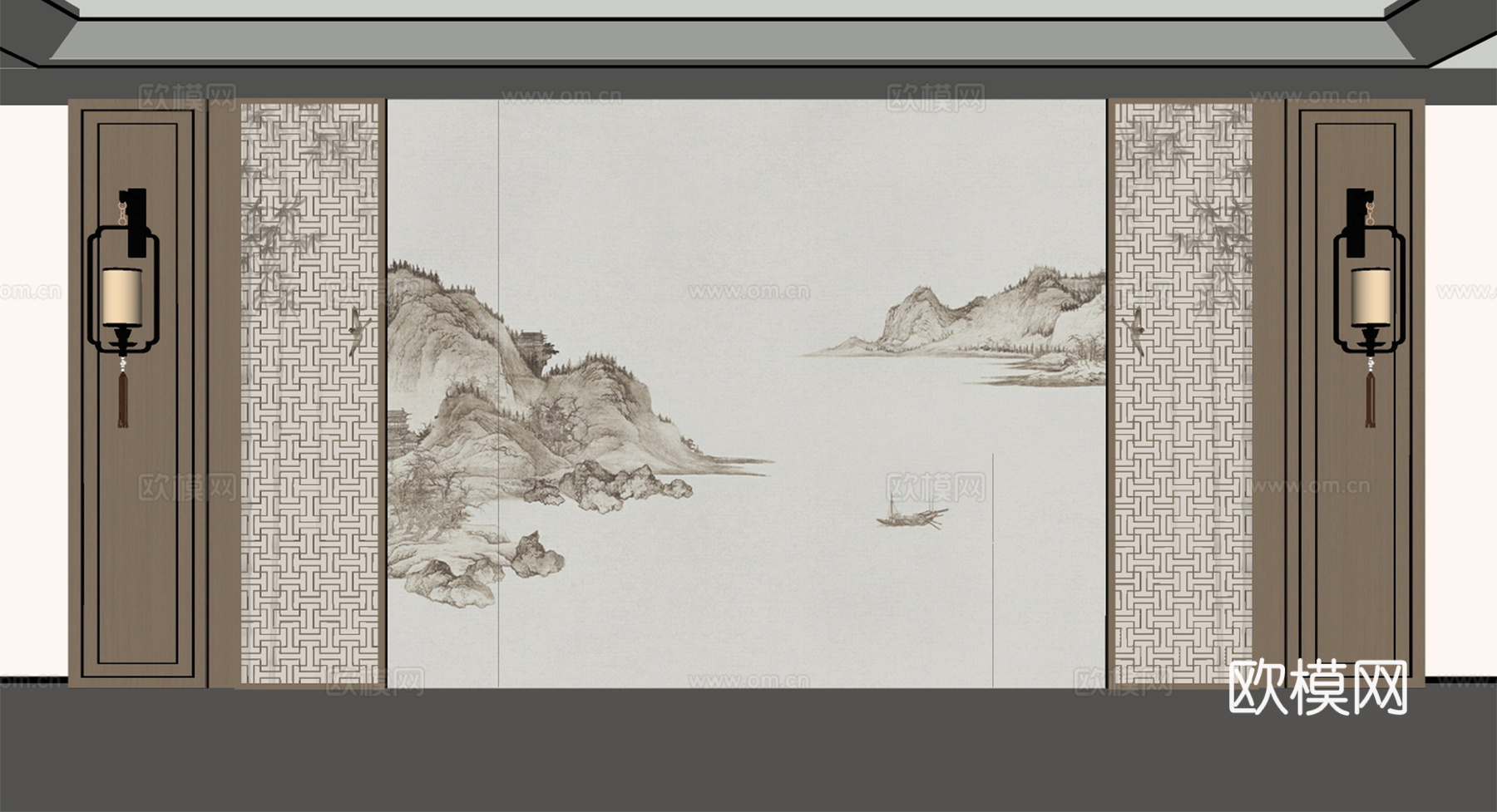 新中式沙发背景墙 木制背景墙 装饰画墙板 格栅背景墙su模型