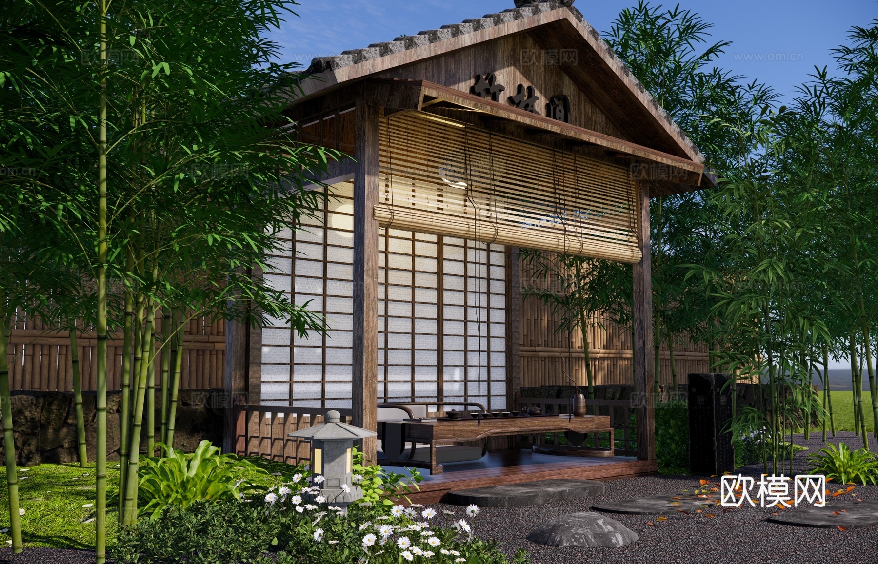 新中式庭院小品 竹林禅意茶室庭院 庭院景观廊亭 庭院围炉煮茶su模型