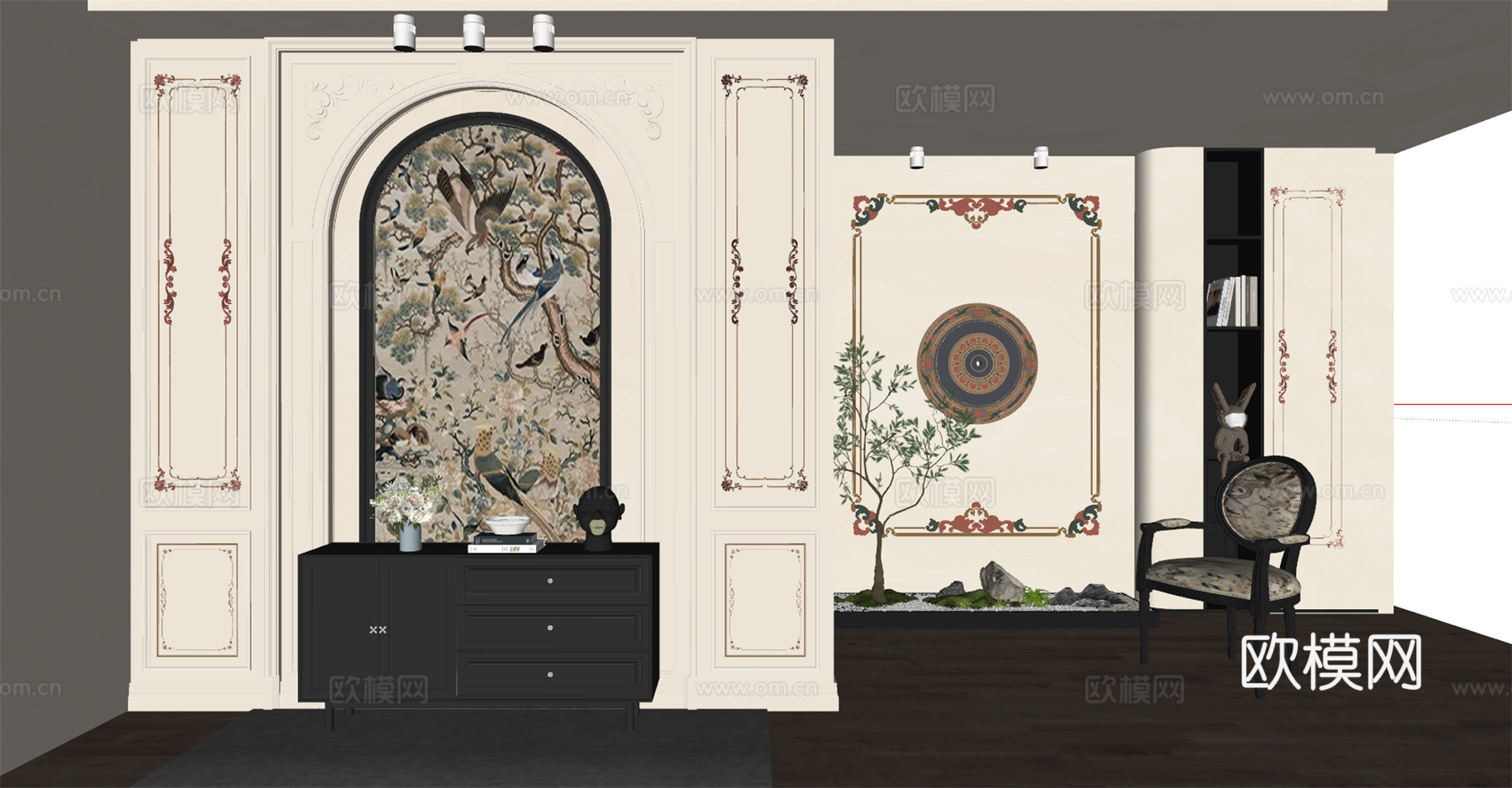法式玄关 背景墙 雕花 线条su模型