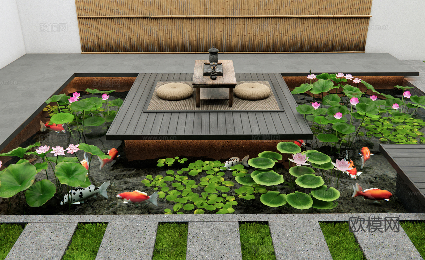 新中式荷花池 水生植物 鱼池 荷花 水景 金鱼 庭院水景3d模型