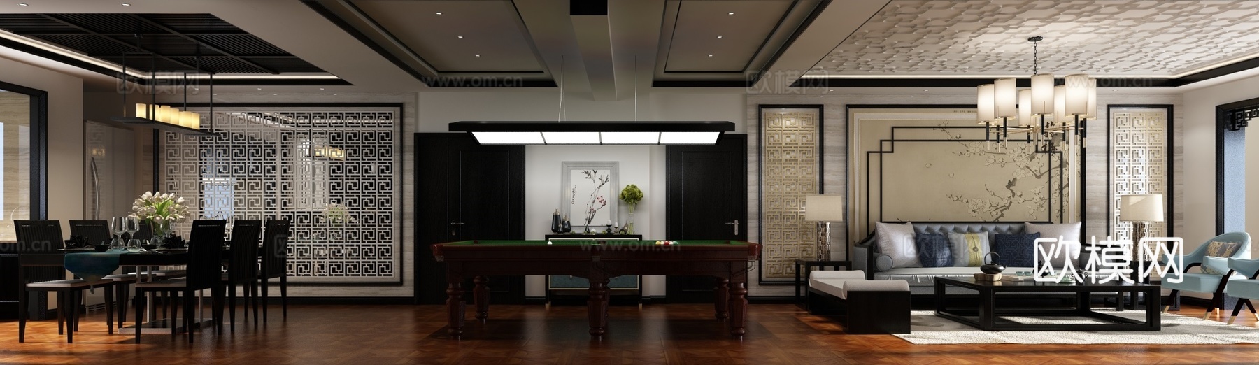 新中式客餐厅 吊灯 沙发茶几3d模型