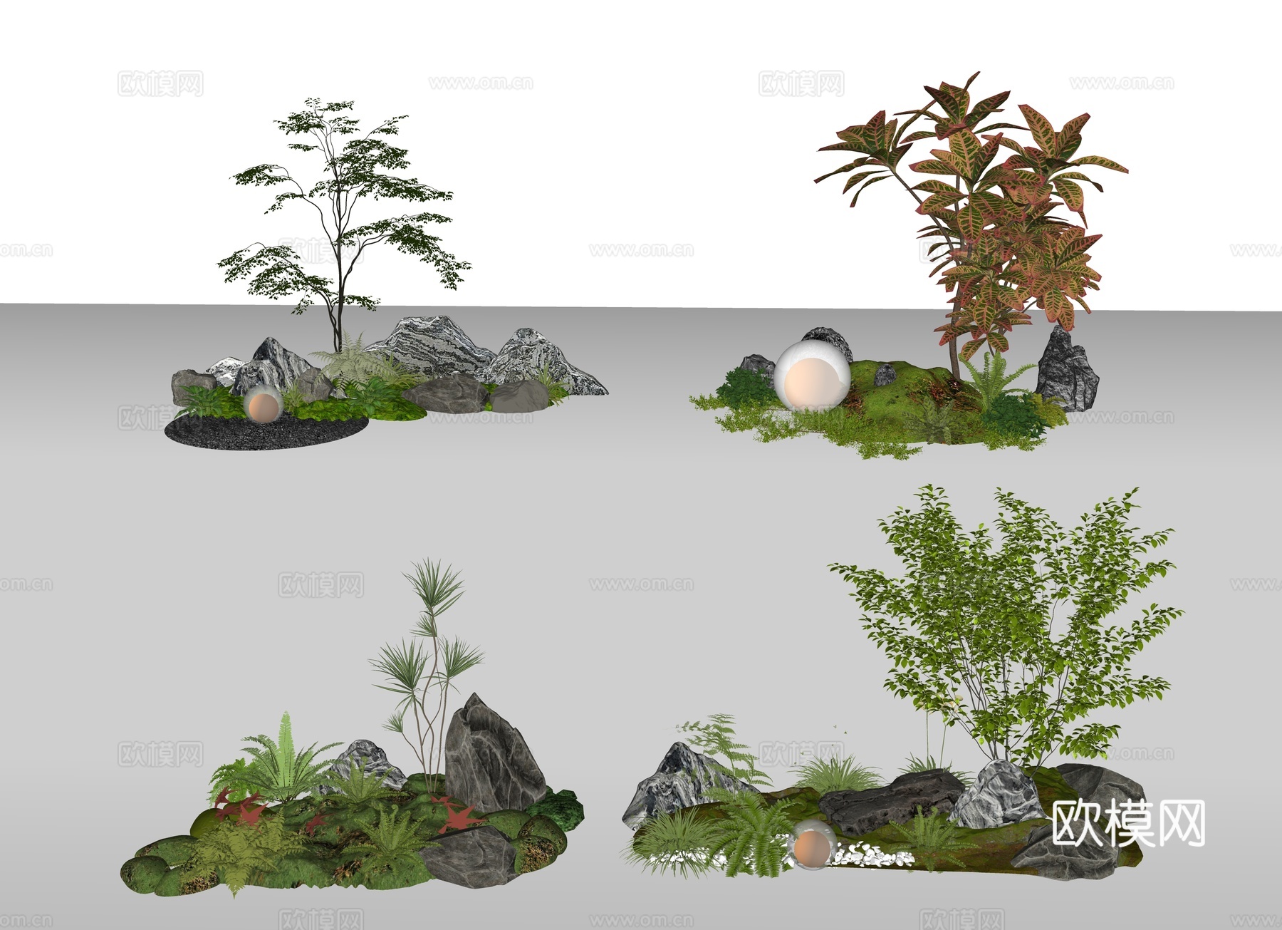 庭院小景 庭院植物组团 庭院石头 石头组合 新中式庭院小品su模型