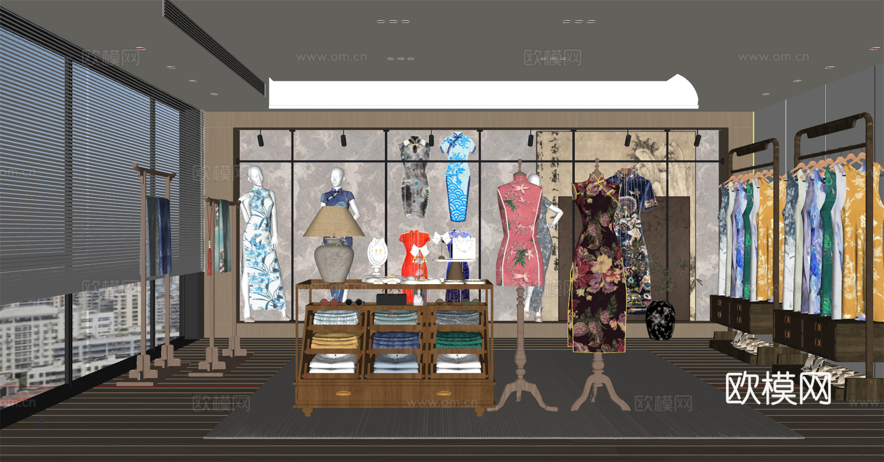 新中式服装店 旗袍店 丝绸 旗袍展厅su模型