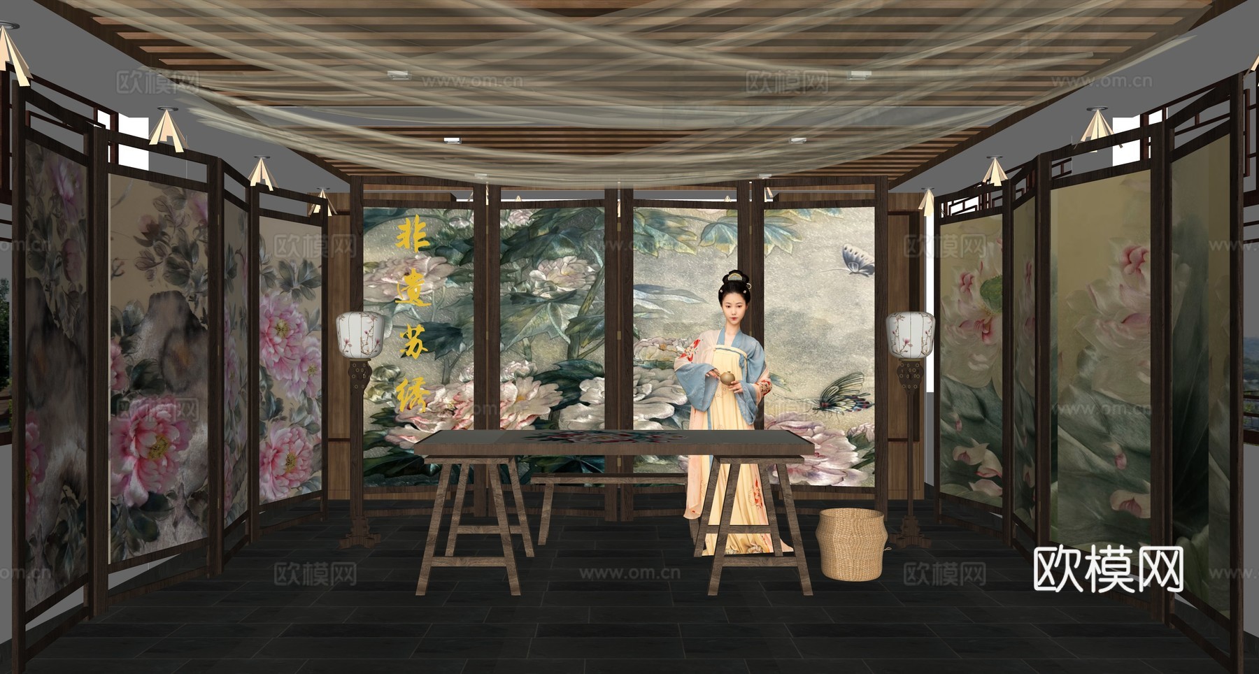 新中式非遗展厅 非遗文化苏绣展览 传统刺绣博物馆 刺绣绣房展su模型