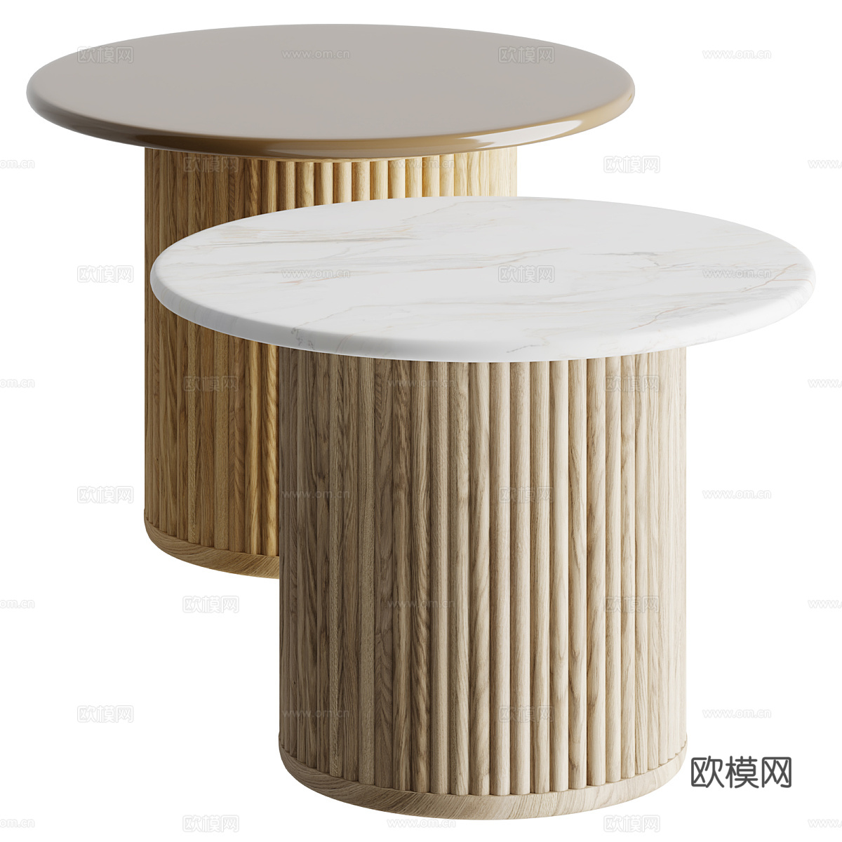 新中式原木大理石圆茶几组合3d模型
