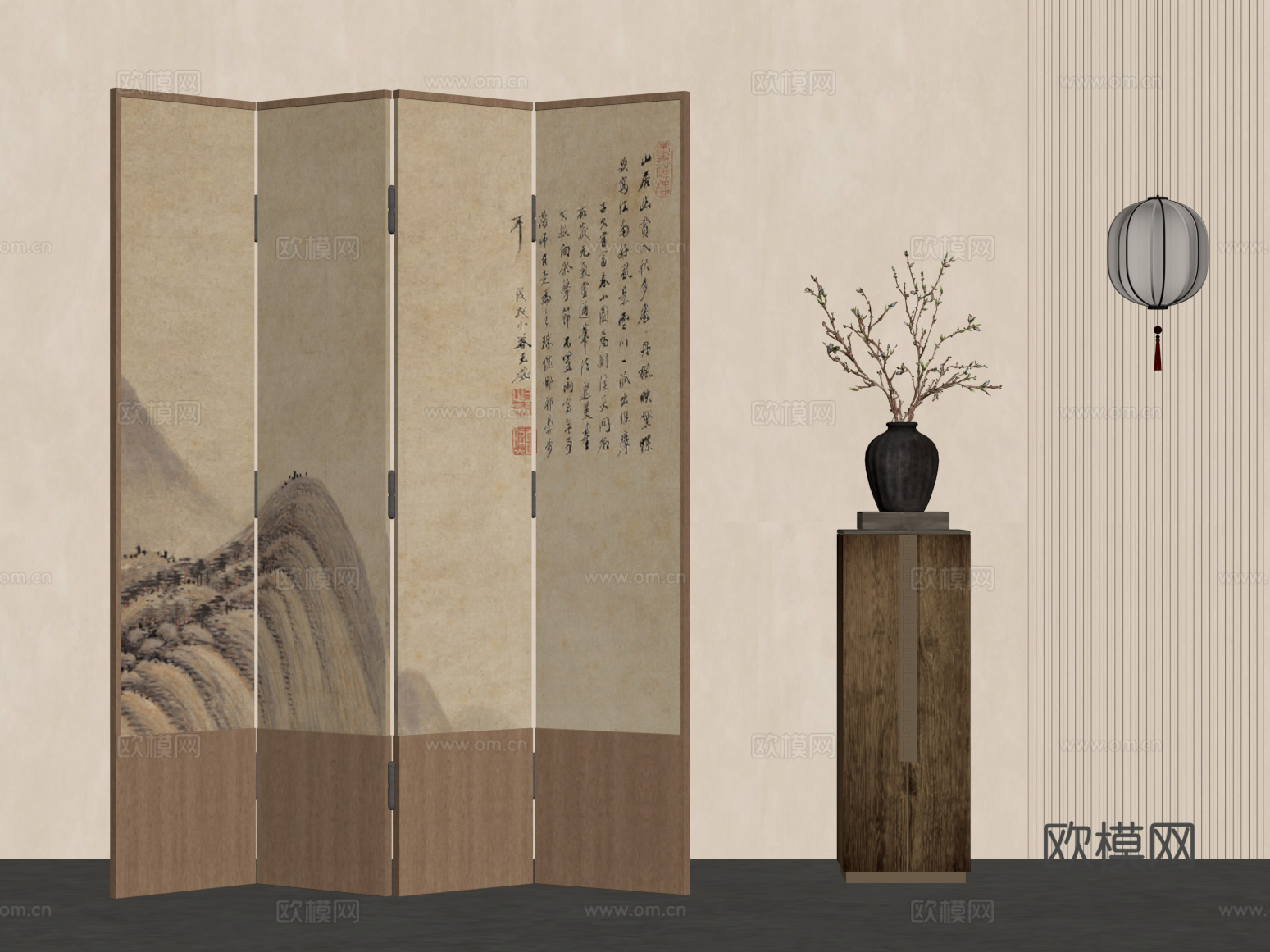新中式屏风 花瓶 吊灯su模型