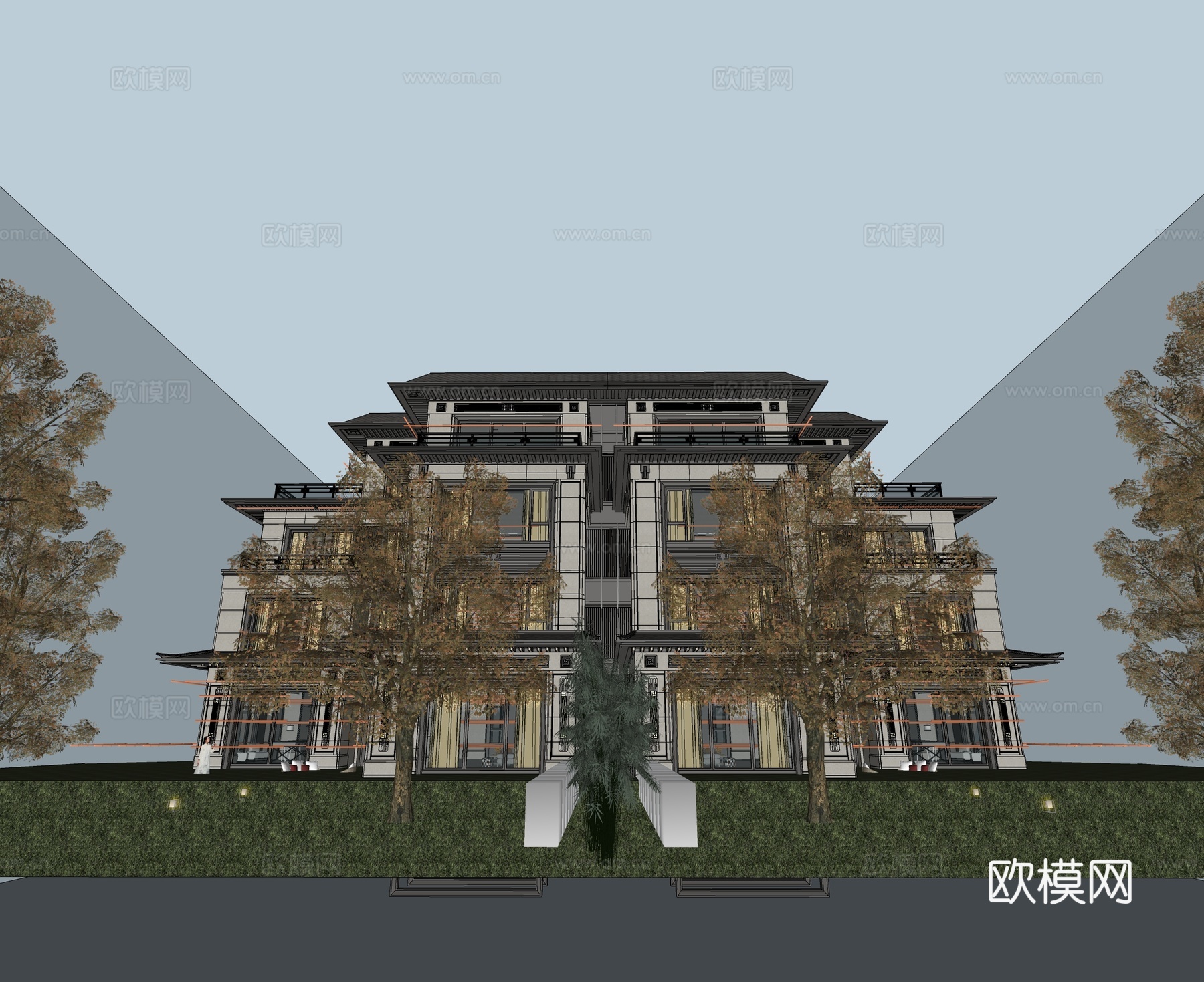 新中式别墅 独栋别墅 自建房 三层别墅su模型
