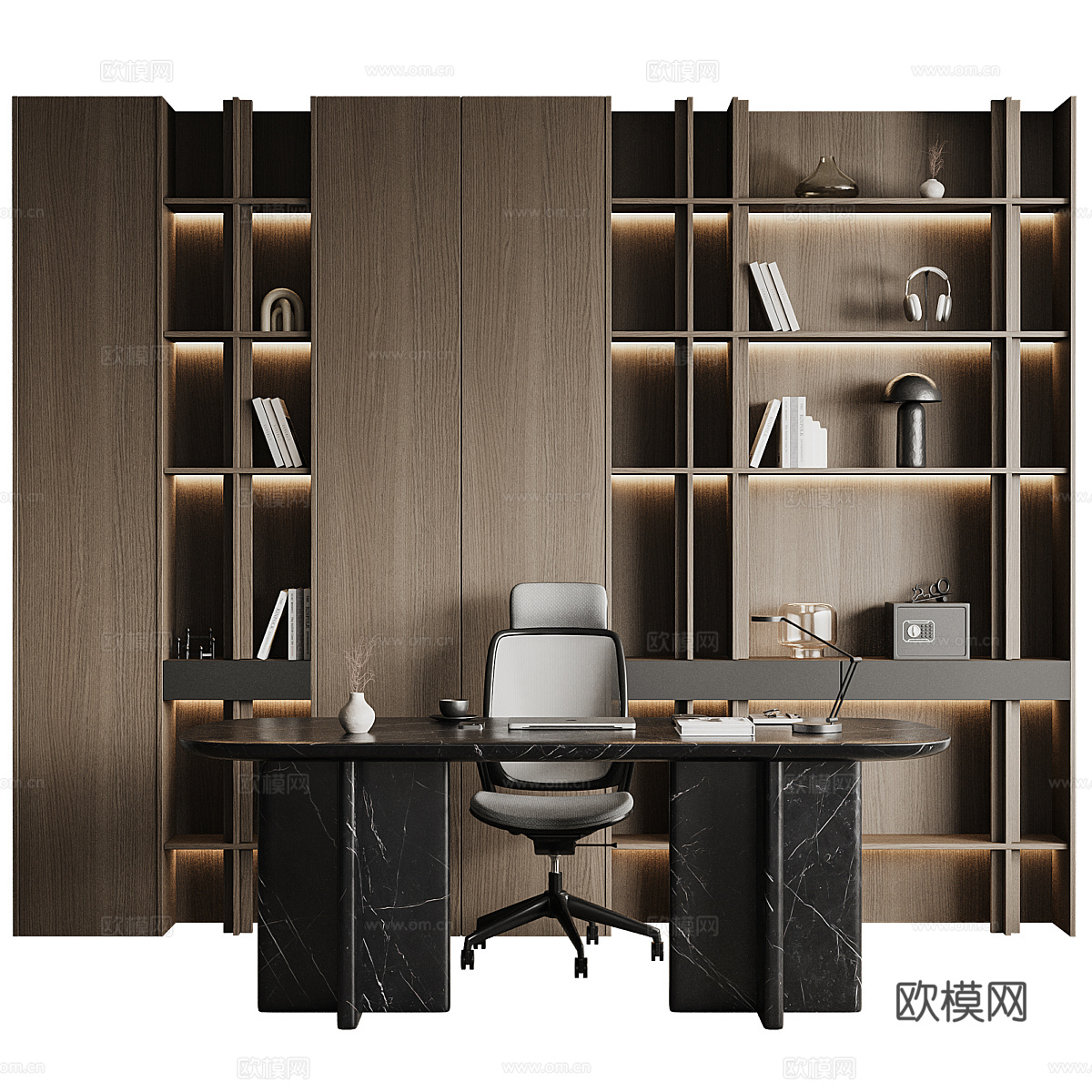 现代意式轻奢装饰书柜 书桌椅3d模型