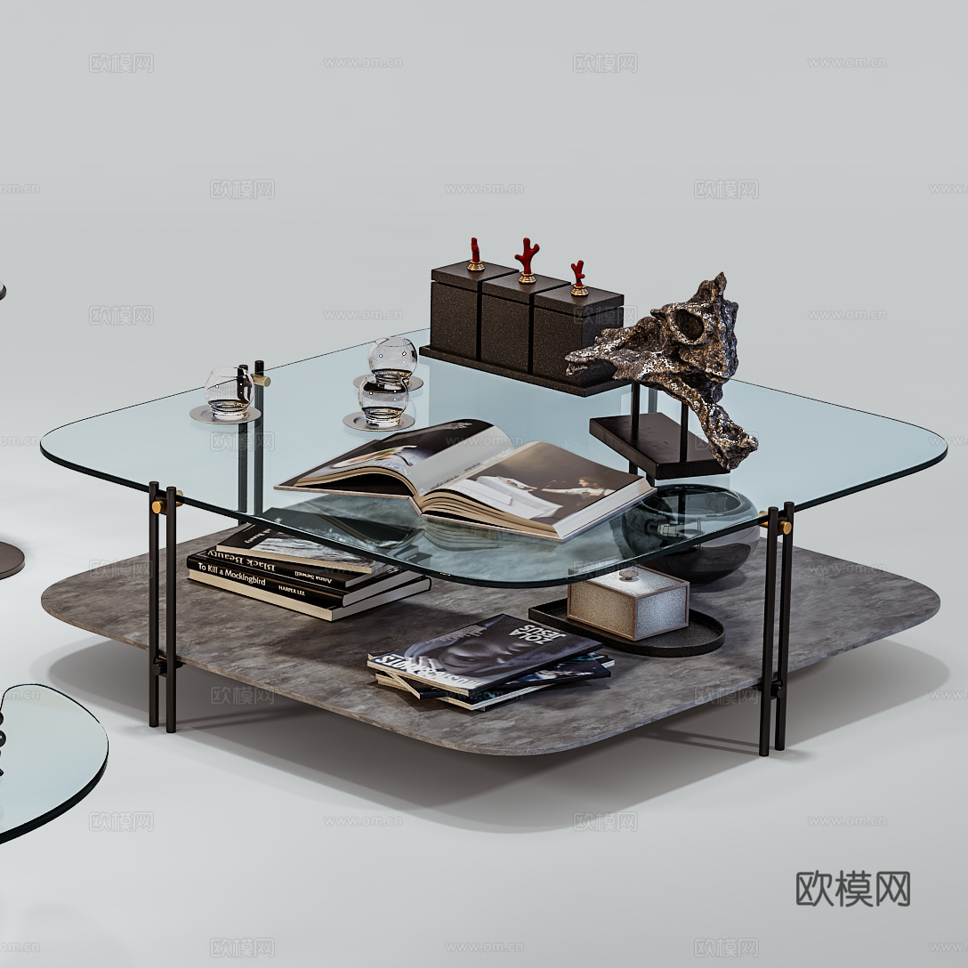 现代玻璃茶几组合  装饰品组合3d模型