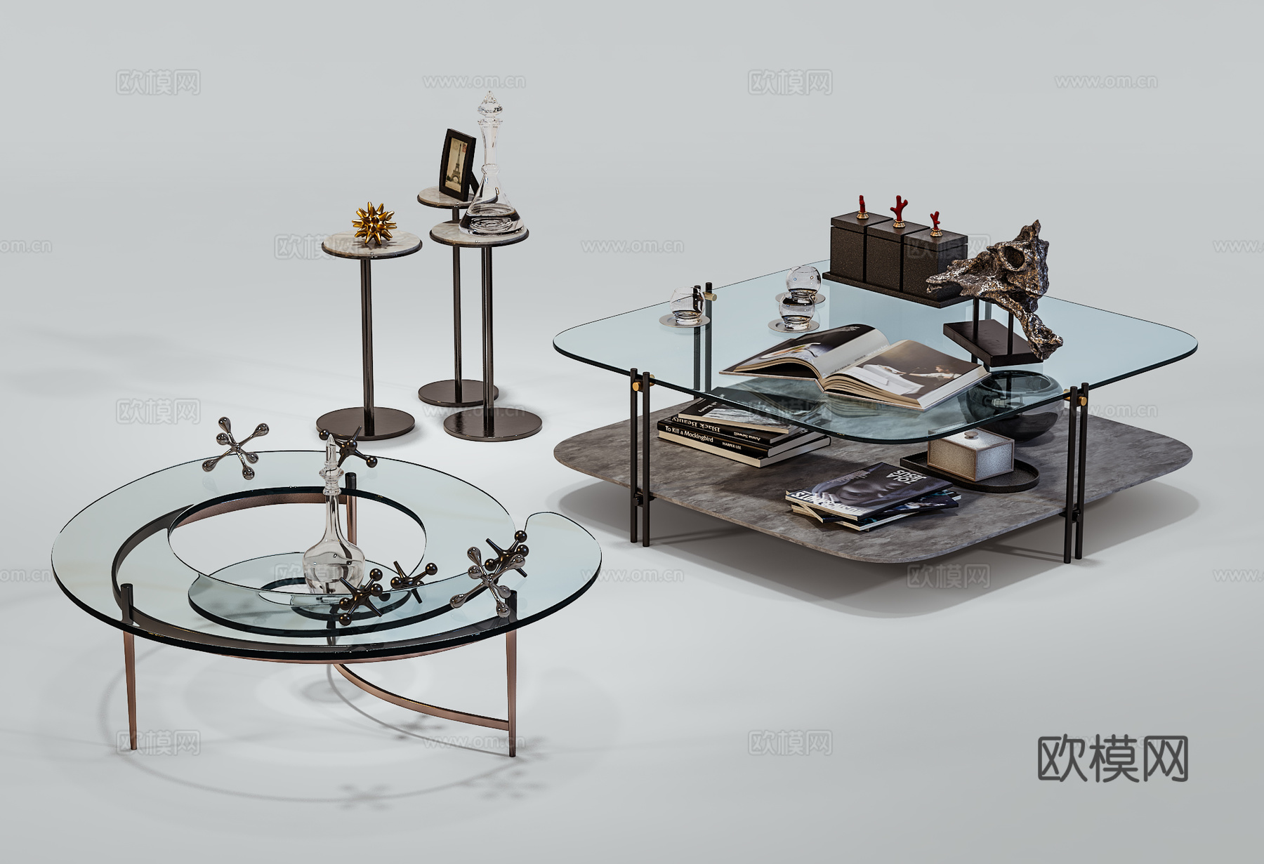 现代玻璃茶几组合  装饰品组合3d模型