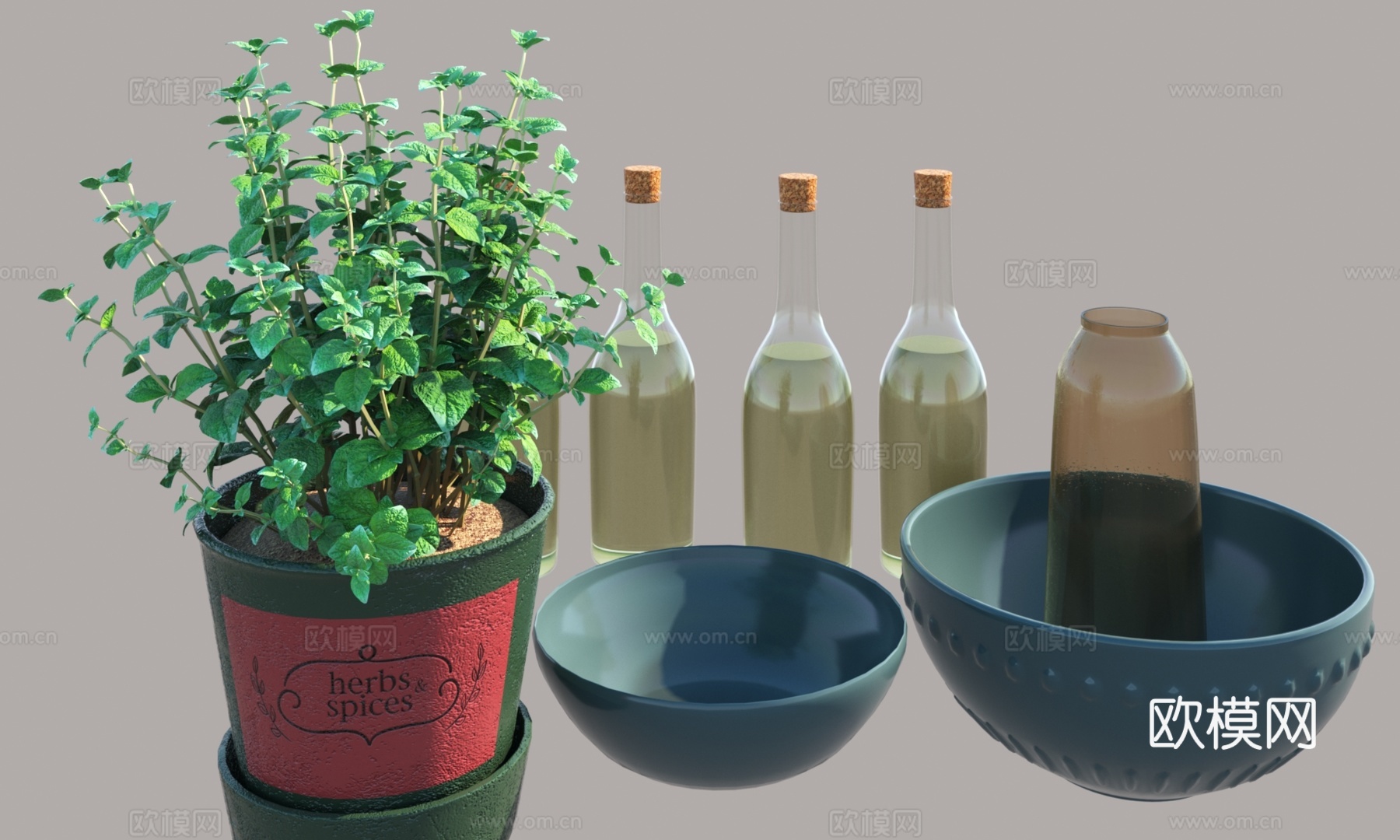 薄荷 碗 酒瓶3d模型