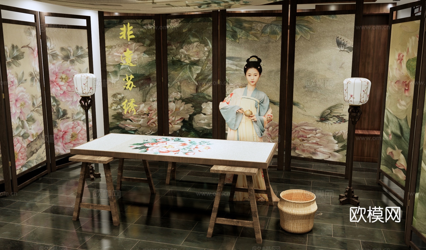 新中式非遗展厅 非遗文化苏绣展览 传统刺绣博物馆 刺绣绣房展su模型